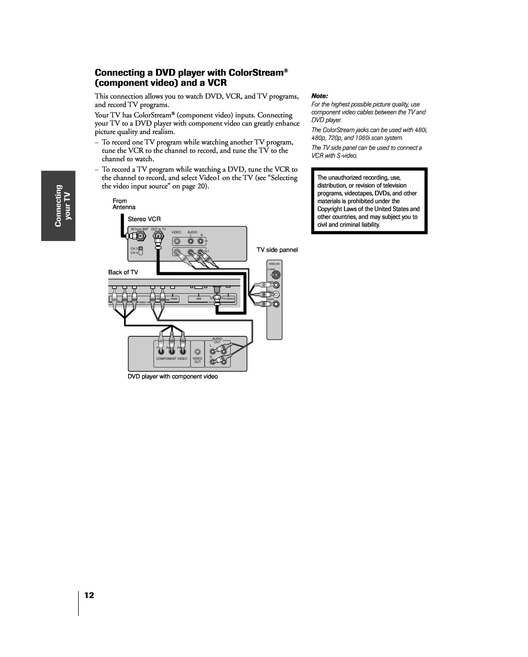 Toshiba 20DL15, 15DL15 owner manual Connecting a DVD player with ColorStream¨ component video and a VCR, Connecting your TV 
