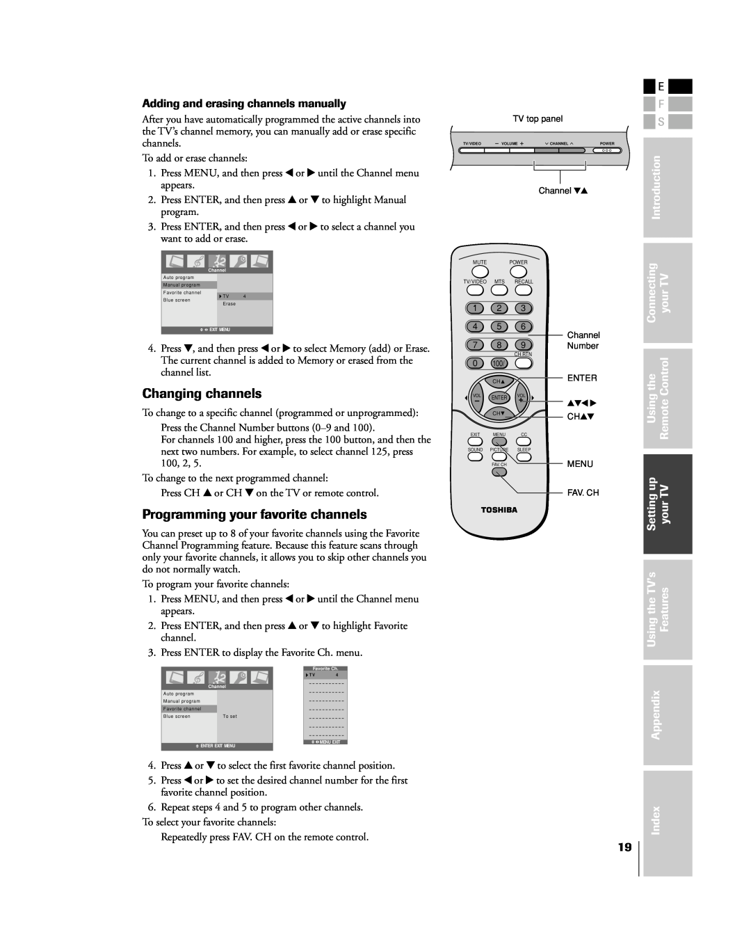 Toshiba 15DL15 Changing channels, Programming your favorite channels, Introduction, Connecting, yourTV, Usingthe, Features 