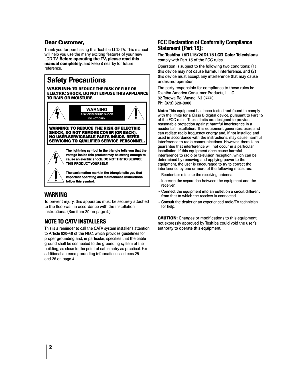 Toshiba 20DL15, 15DL15 owner manual Safety Precautions, Dear Customer, Note To Catv Installers 