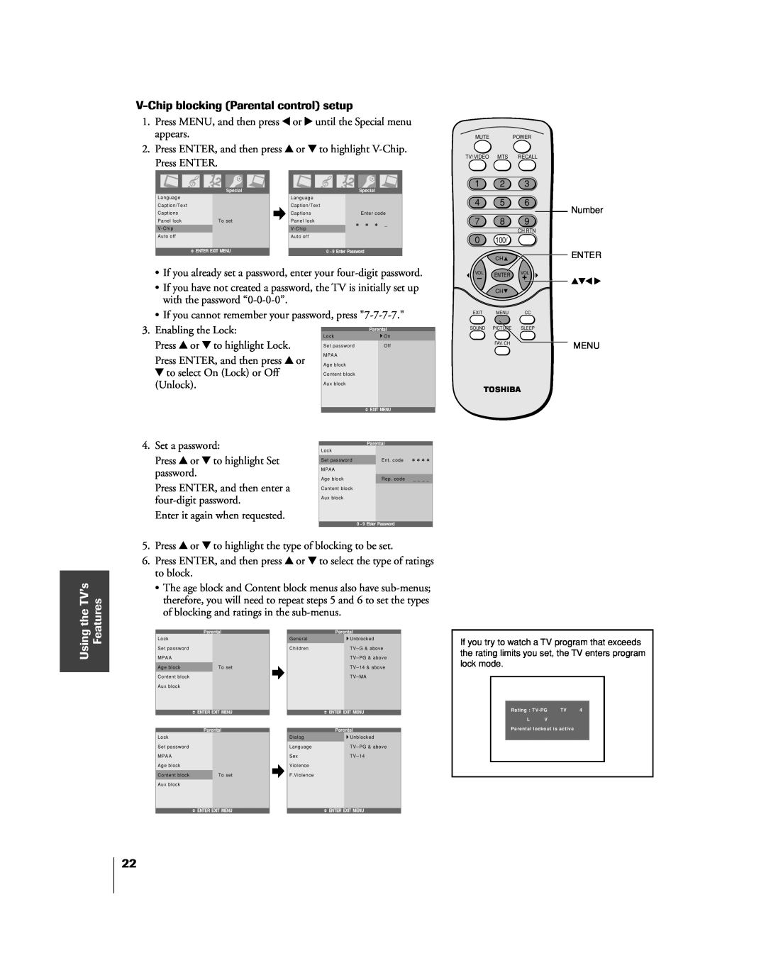 Toshiba 20DL15, 15DL15 owner manual V-Chip blocking Parental control setup, the TVÕs Features, Using 
