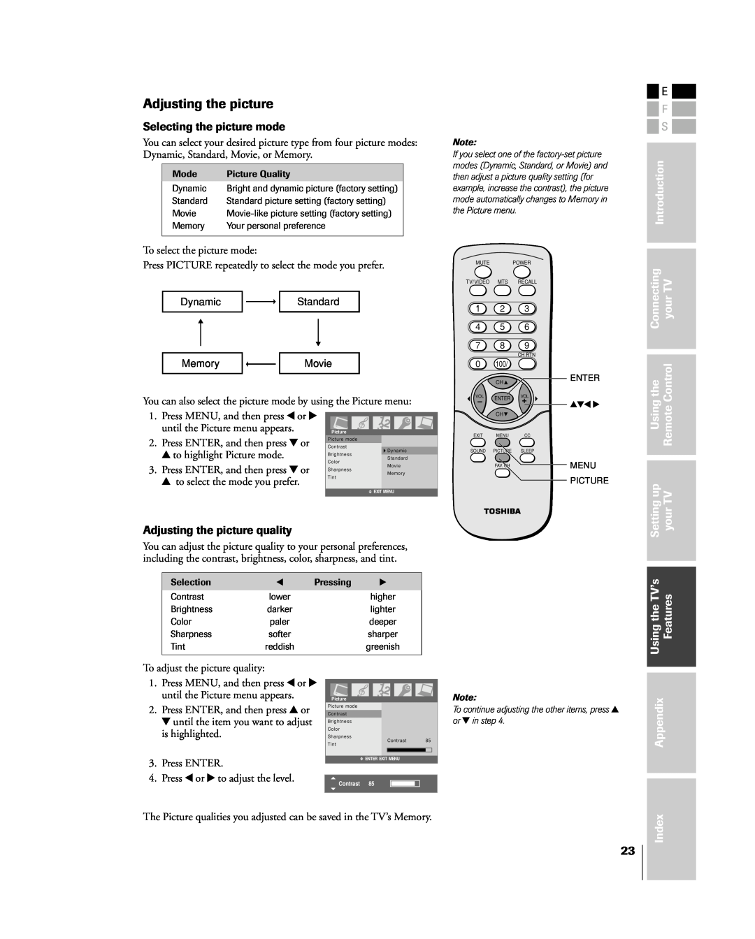Toshiba 15DL15 Adjusting the picture, Introduction, Connecting yourTV, the Control, Remote, Settingup, UsingtheTVÕs 