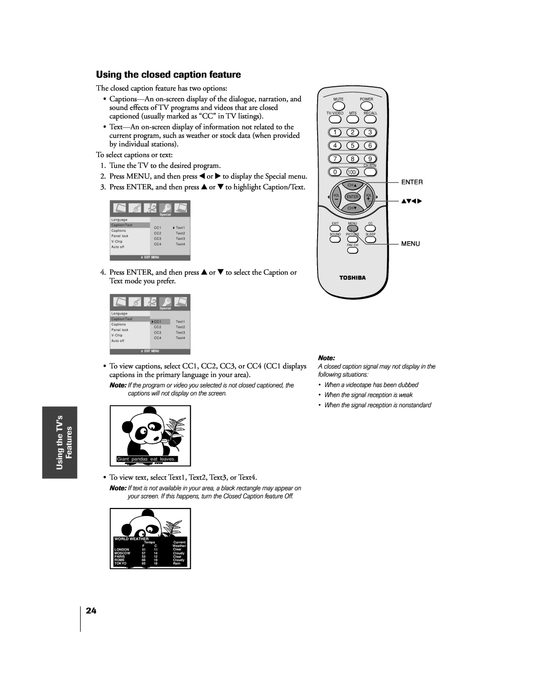 Toshiba 20DL15, 15DL15 owner manual Using the closed caption feature, UsingtheTVÕs, Features 