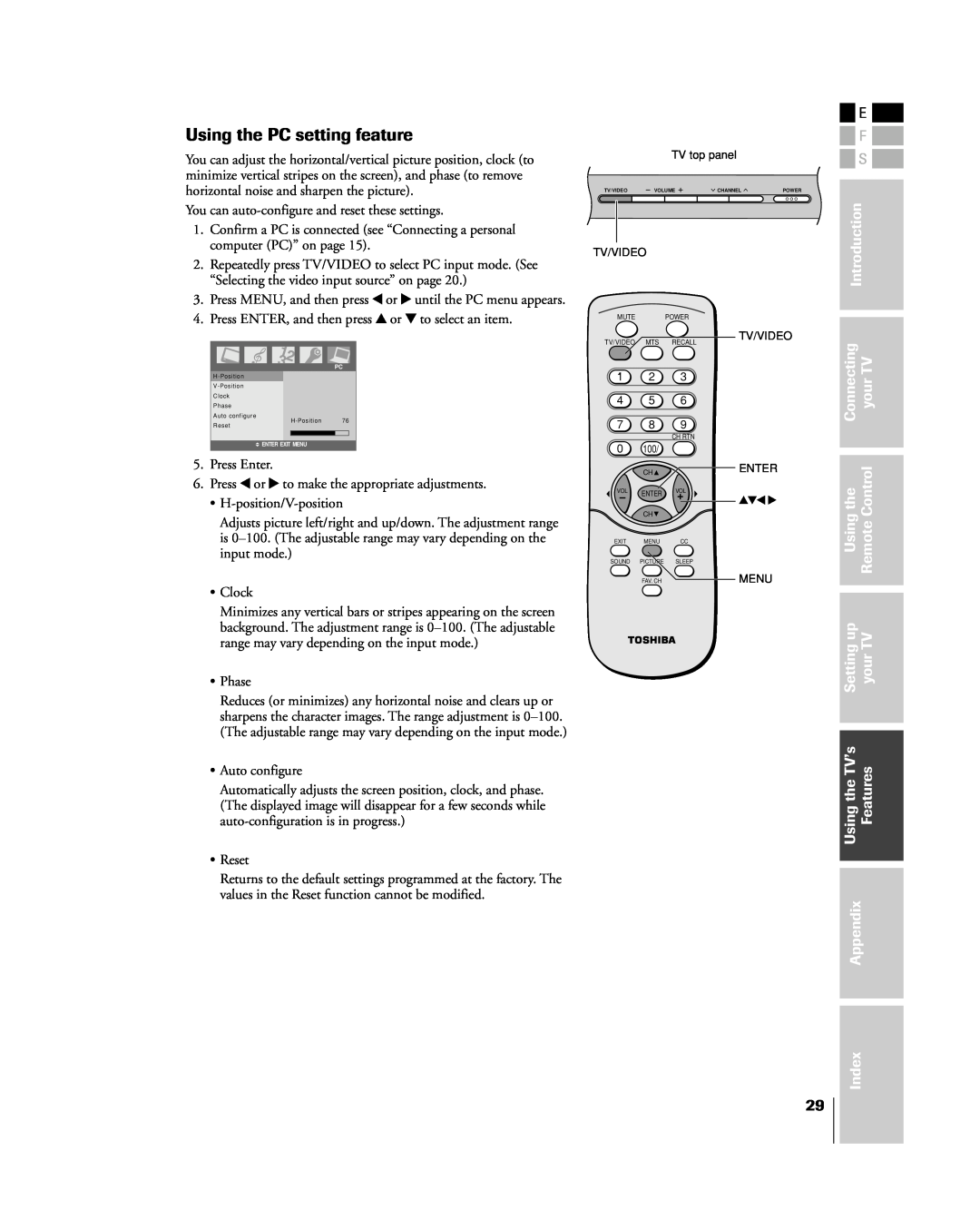 Toshiba 15DL15 Using the PC setting feature, Connecting yourTV, RemoteControl, Settingup, UsingtheTVÕs, Features 