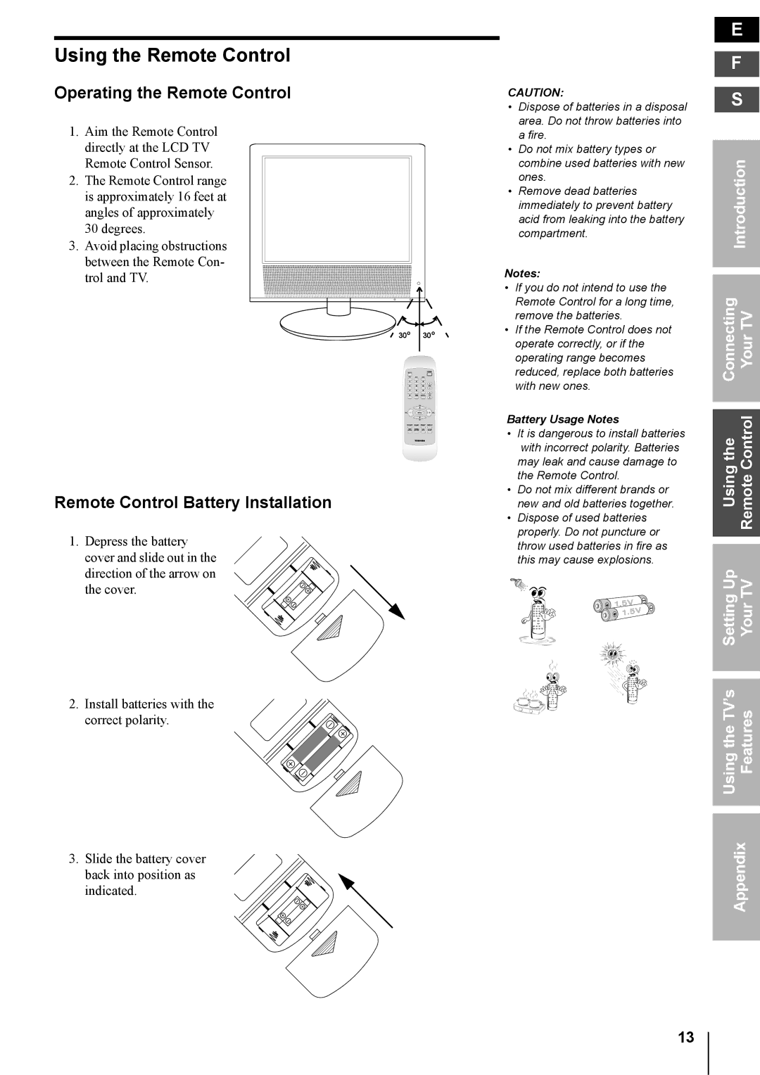 Toshiba 14DL74, 20DL74 Using the Remote Control, Operating the Remote Control, Remote Control Battery Installation 