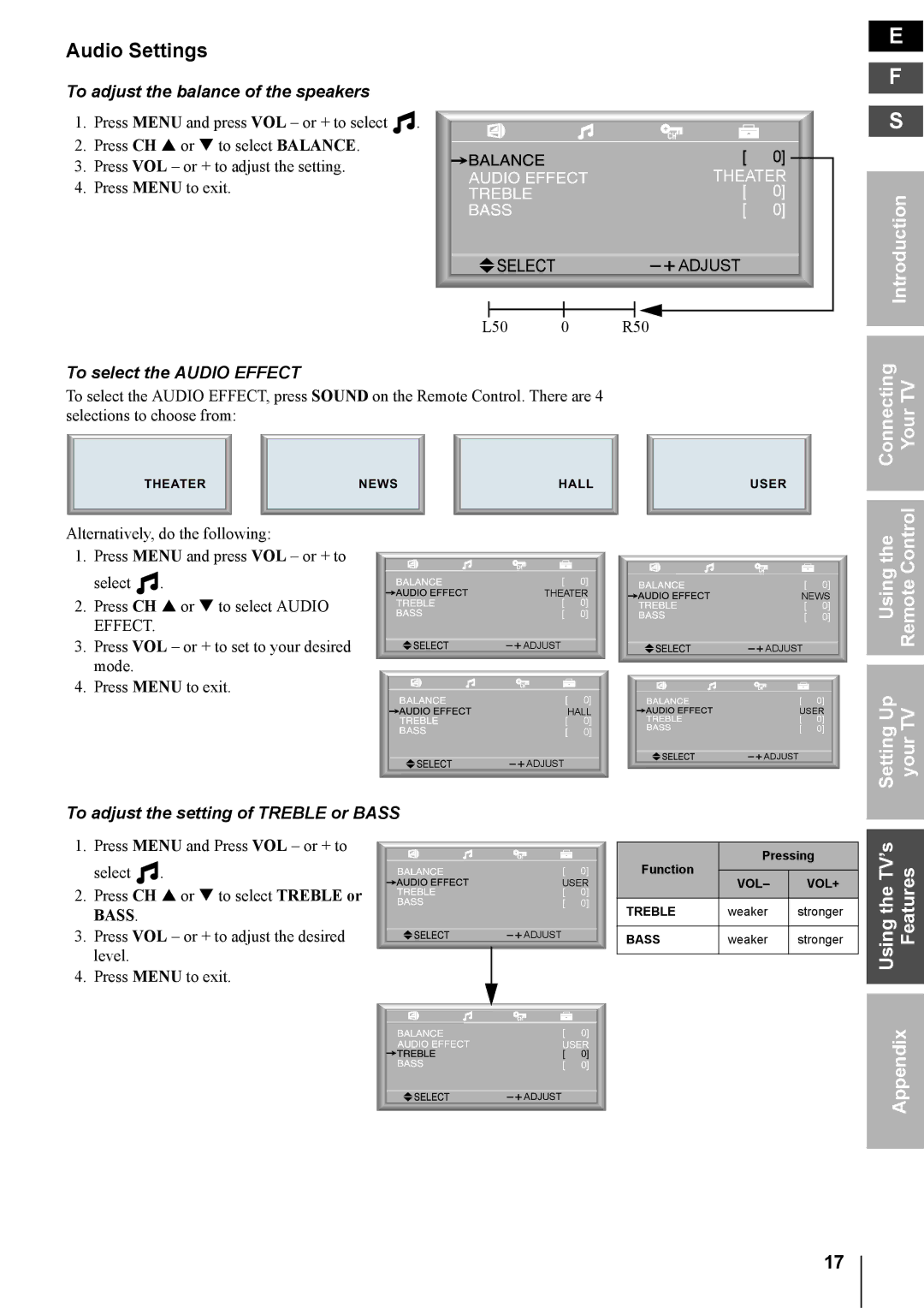 Toshiba 14DL74 Audio Settings, Setting Up Your TV, To adjust the balance of the speakers, To select the Audio Effect 