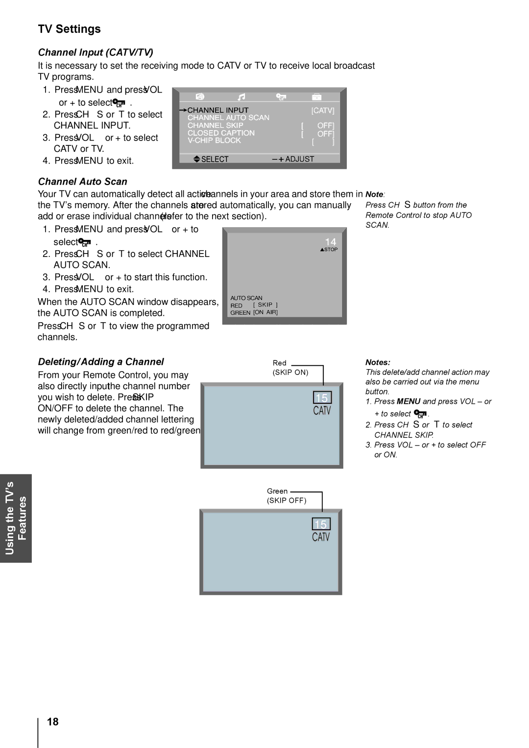 Toshiba 20DL74, 14DL74 owner manual TV Settings, Channel Input CATV/TV, Channel Auto Scan, Deleting/Adding a Channel 