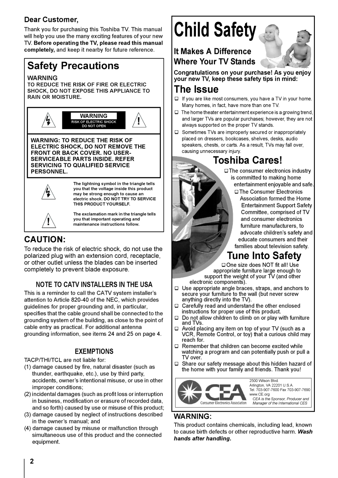 Toshiba 20DL74, 14DL74 owner manual It Makes a Difference Where Your TV Stands, Dear Customer 