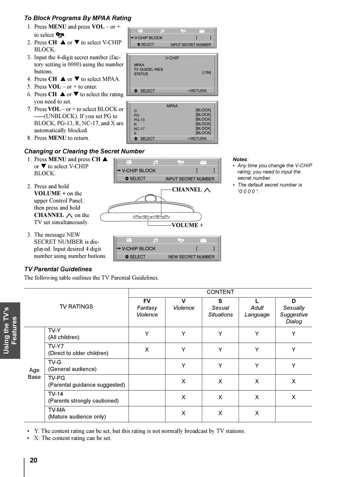 Toshiba 20DL74, 14DL74 To Block Programs By Mpaa Rating, Changing or Clearing the Secret Number, TV Parental Guidelines 