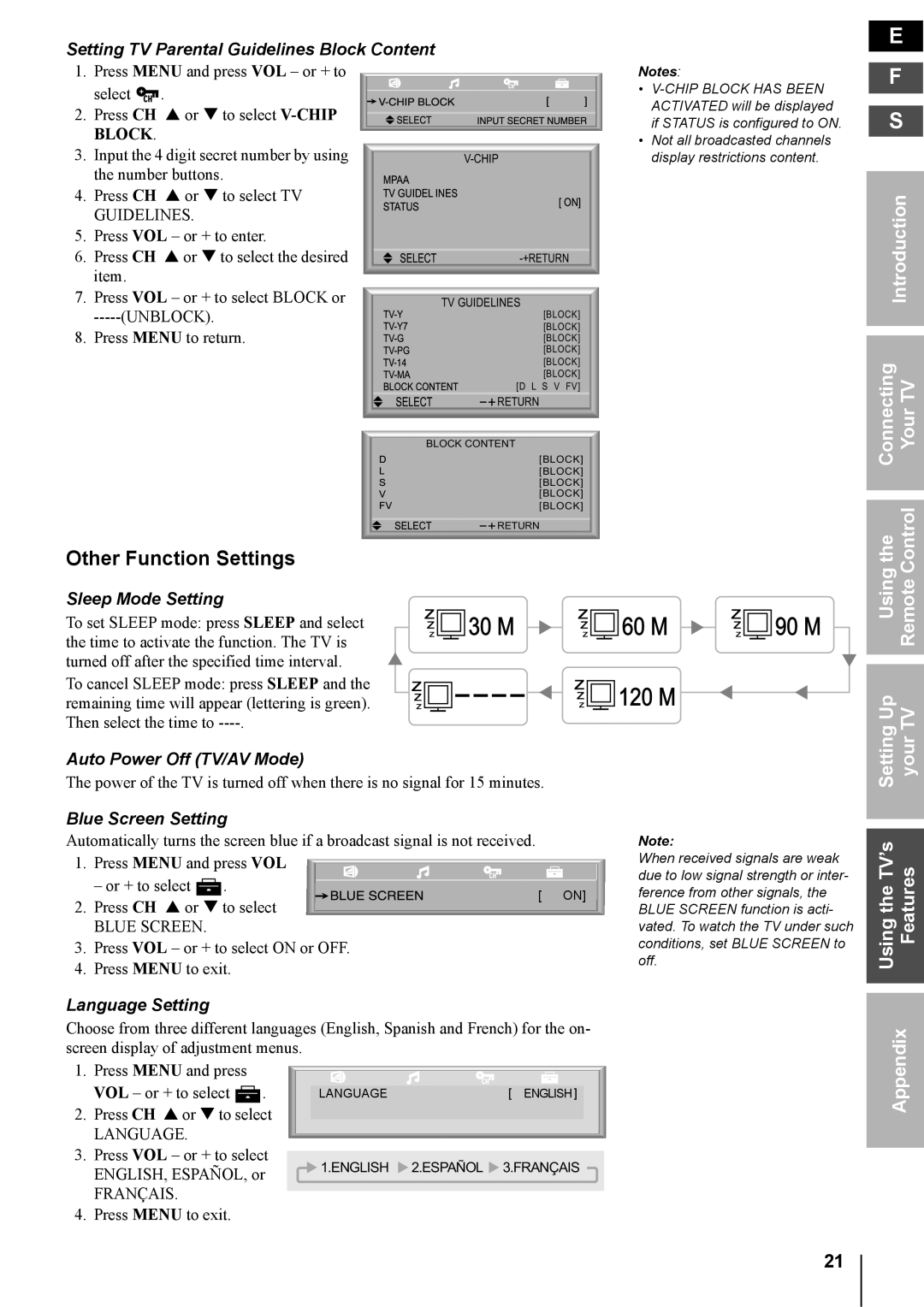 Toshiba 14DL74, 20DL74 owner manual Other Function Settings, Up TV, Setting Your Using the TV’s Features 