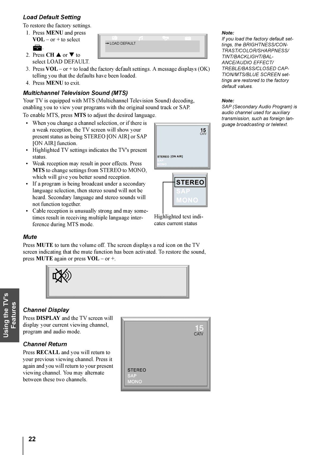 Toshiba 20DL74, 14DL74 Load Default Setting, Multichannel Television Sound MTS, Mute, Channel Display, Channel Return 