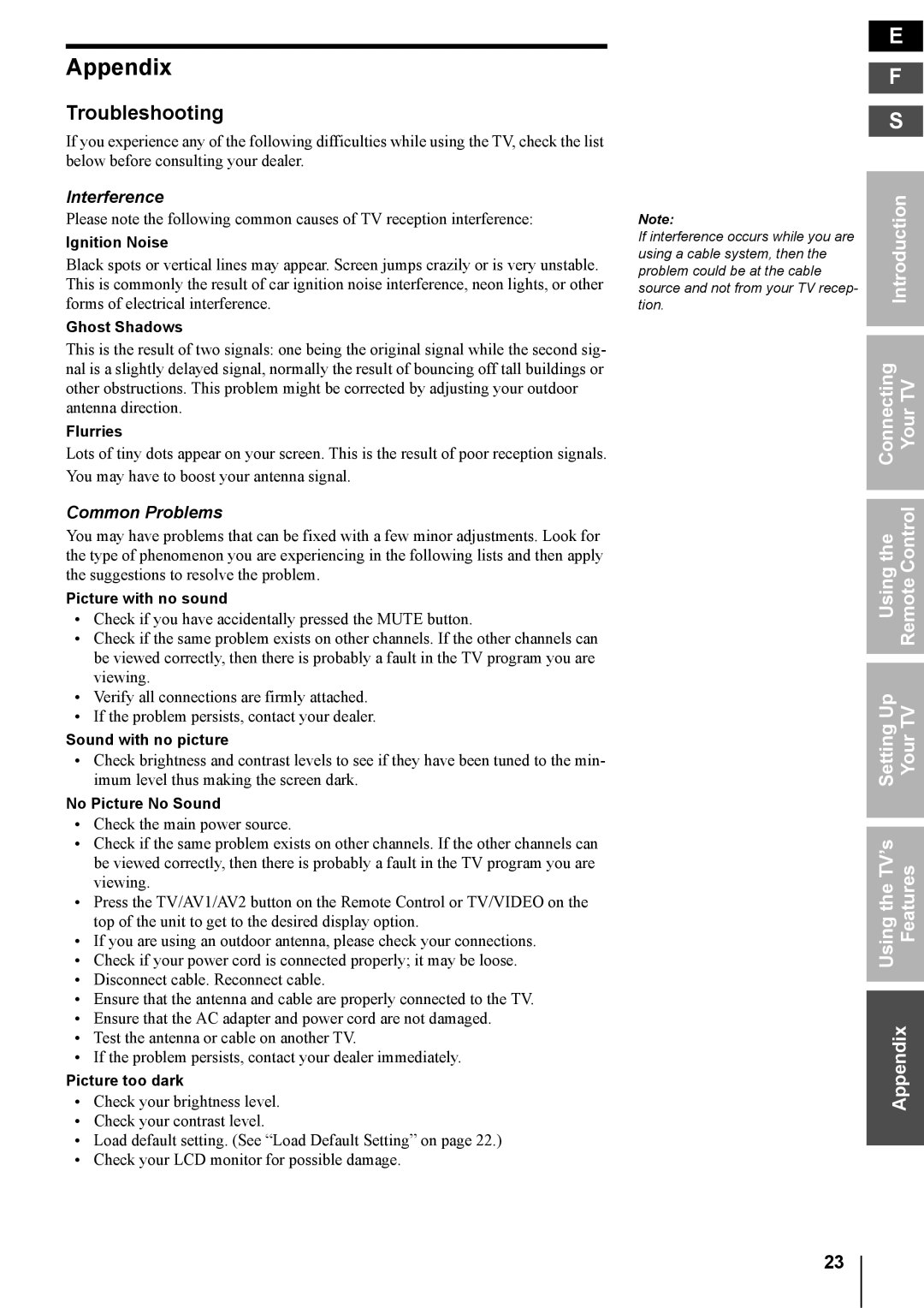 Toshiba 14DL74, 20DL74 owner manual Appendix, Troubleshooting, Interference, Common Problems 