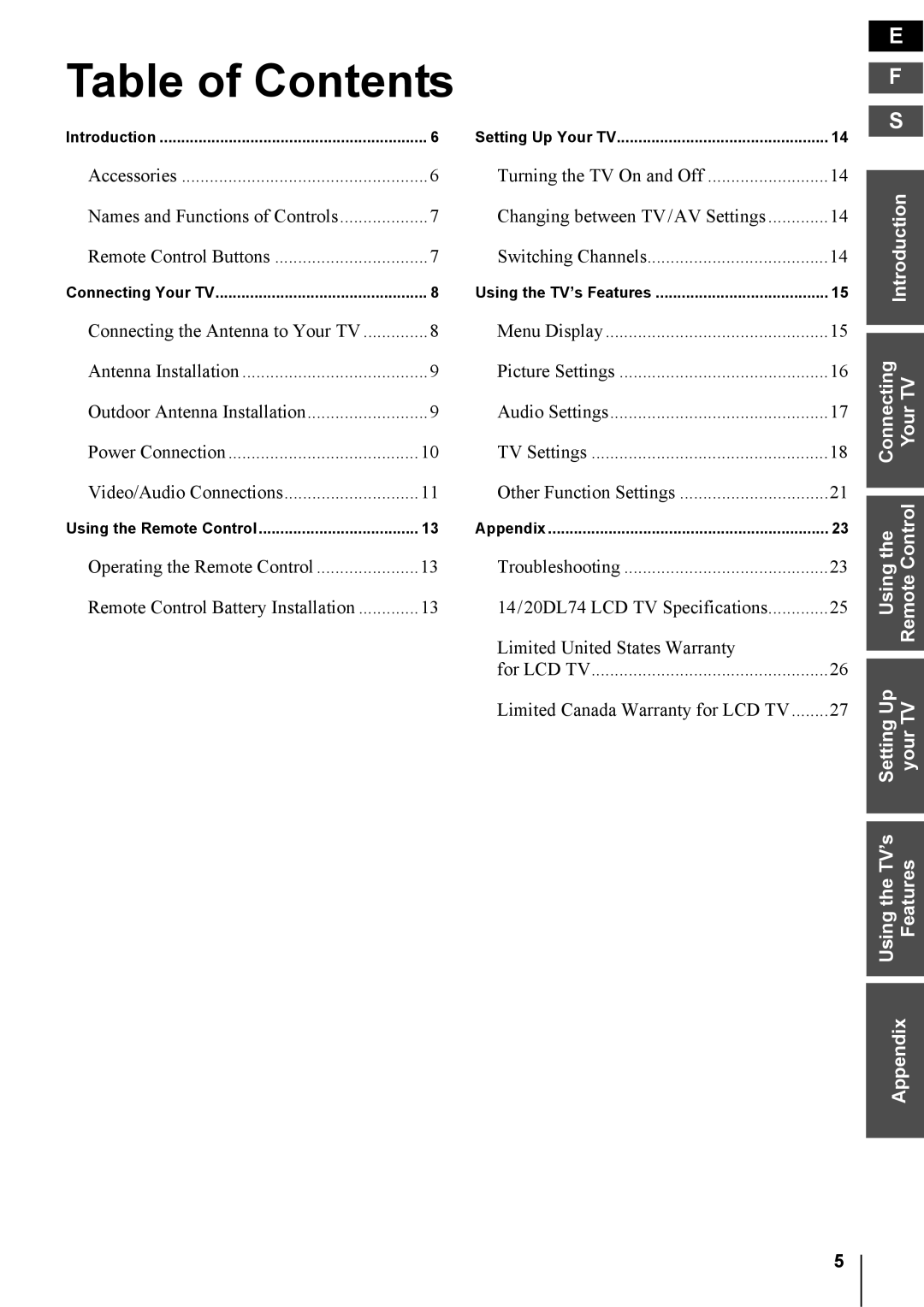 Toshiba 14DL74, 20DL74 owner manual Table of Contents 