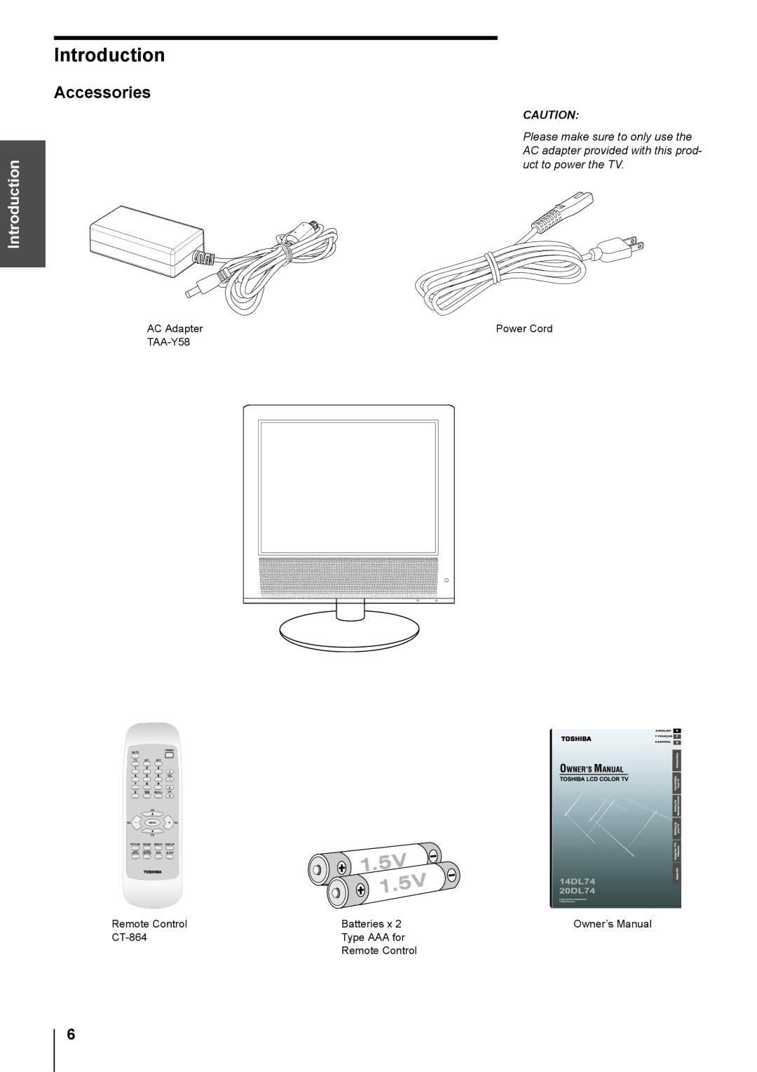 Toshiba 20DL74, 14DL74 owner manual Introduction, Accessories 