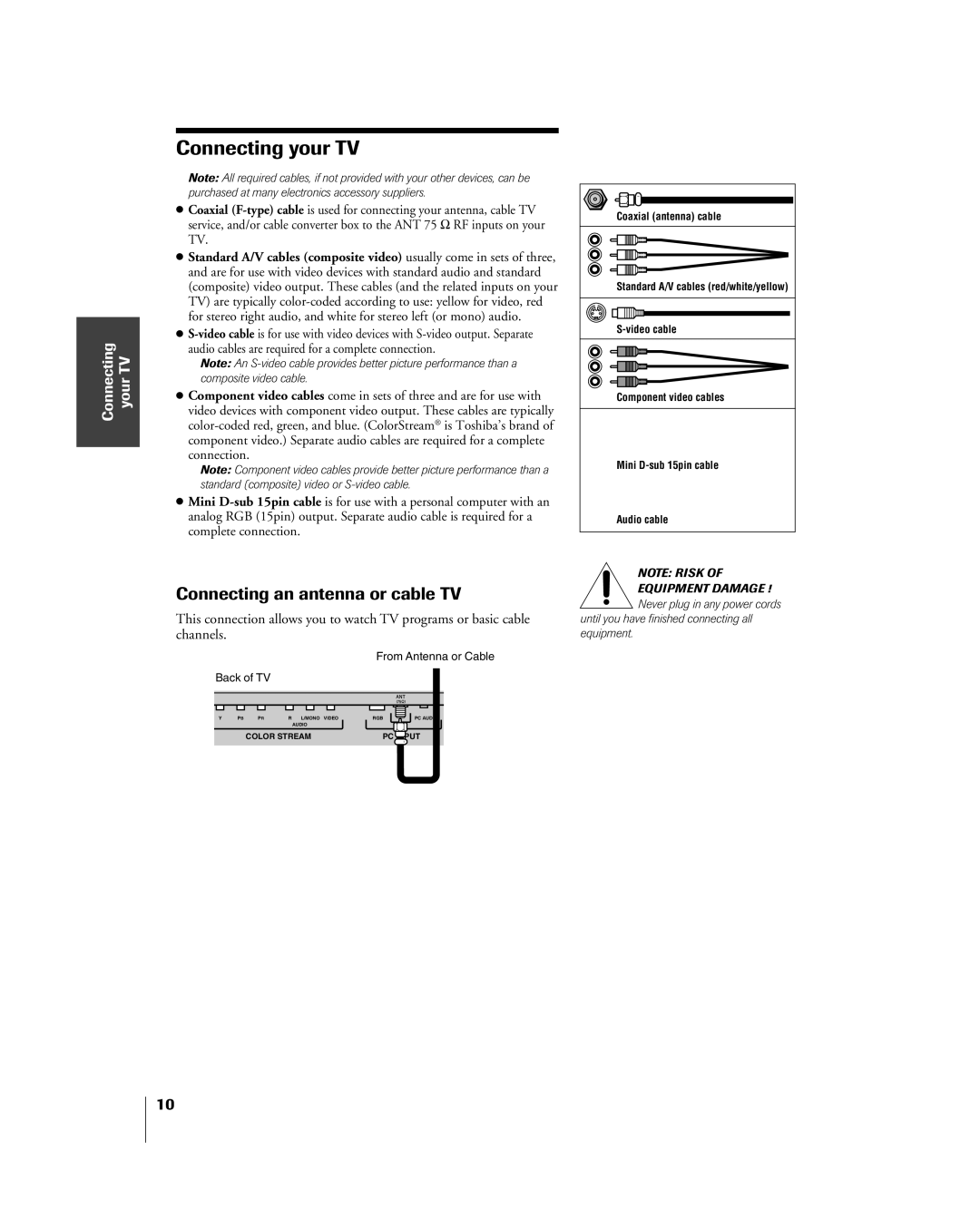 Toshiba 20DL75, 15DL75 owner manual Connecting your TV, Connecting an antenna or cable TV 