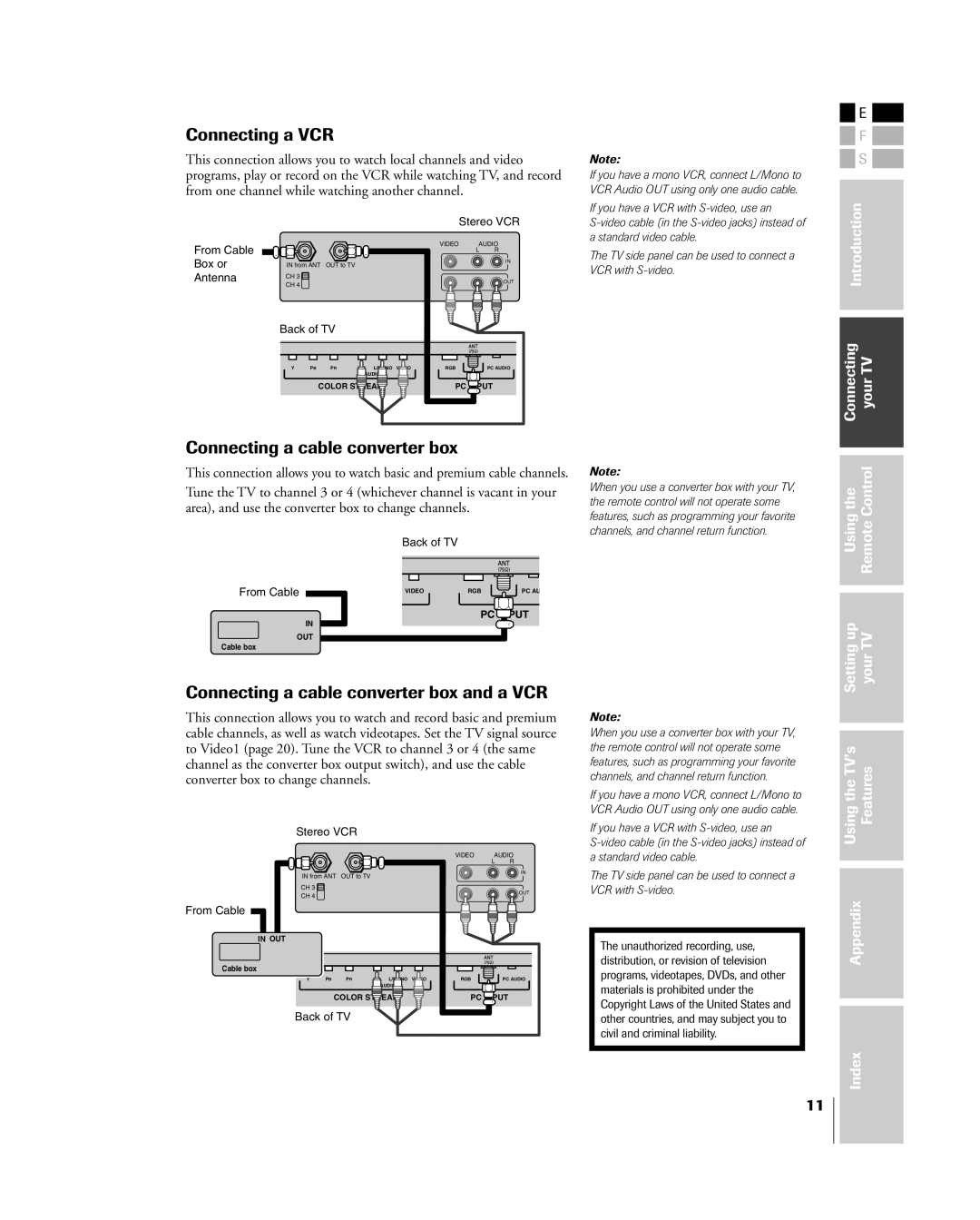 Toshiba 15DL75, 20DL75 owner manual Connecting a VCR, Connecting a cable converter box and a VCR 