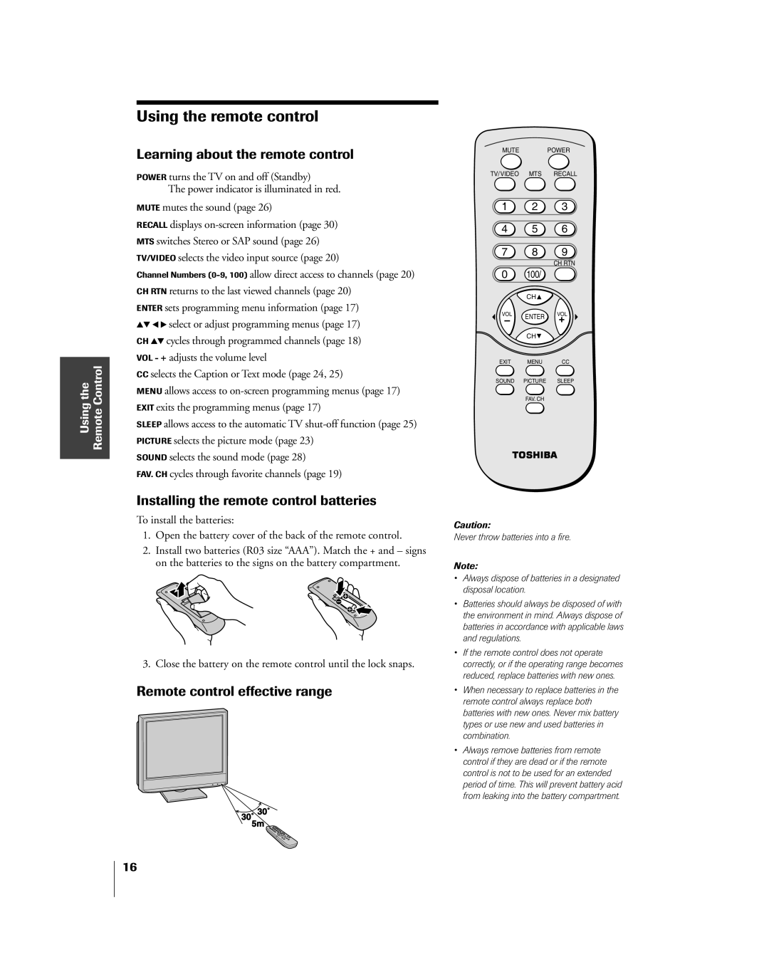 Toshiba 20DL75 Using the remote control, Learning about the remote control, Installing the remote control batteries 