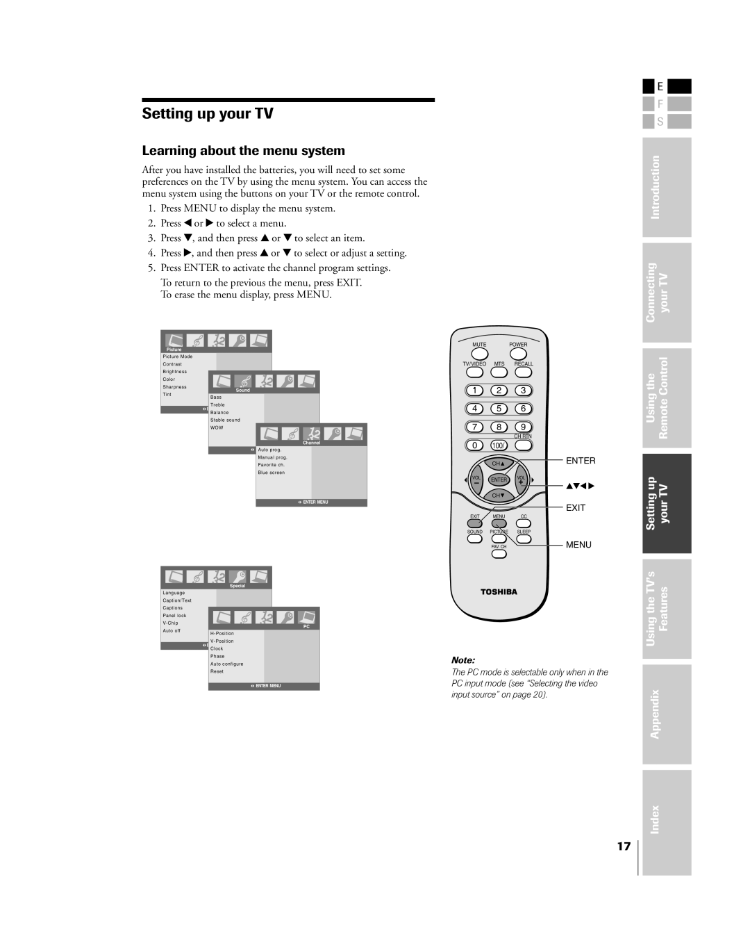 Toshiba 15DL75, 20DL75 owner manual Setting up your TV, Learning about the menu system 