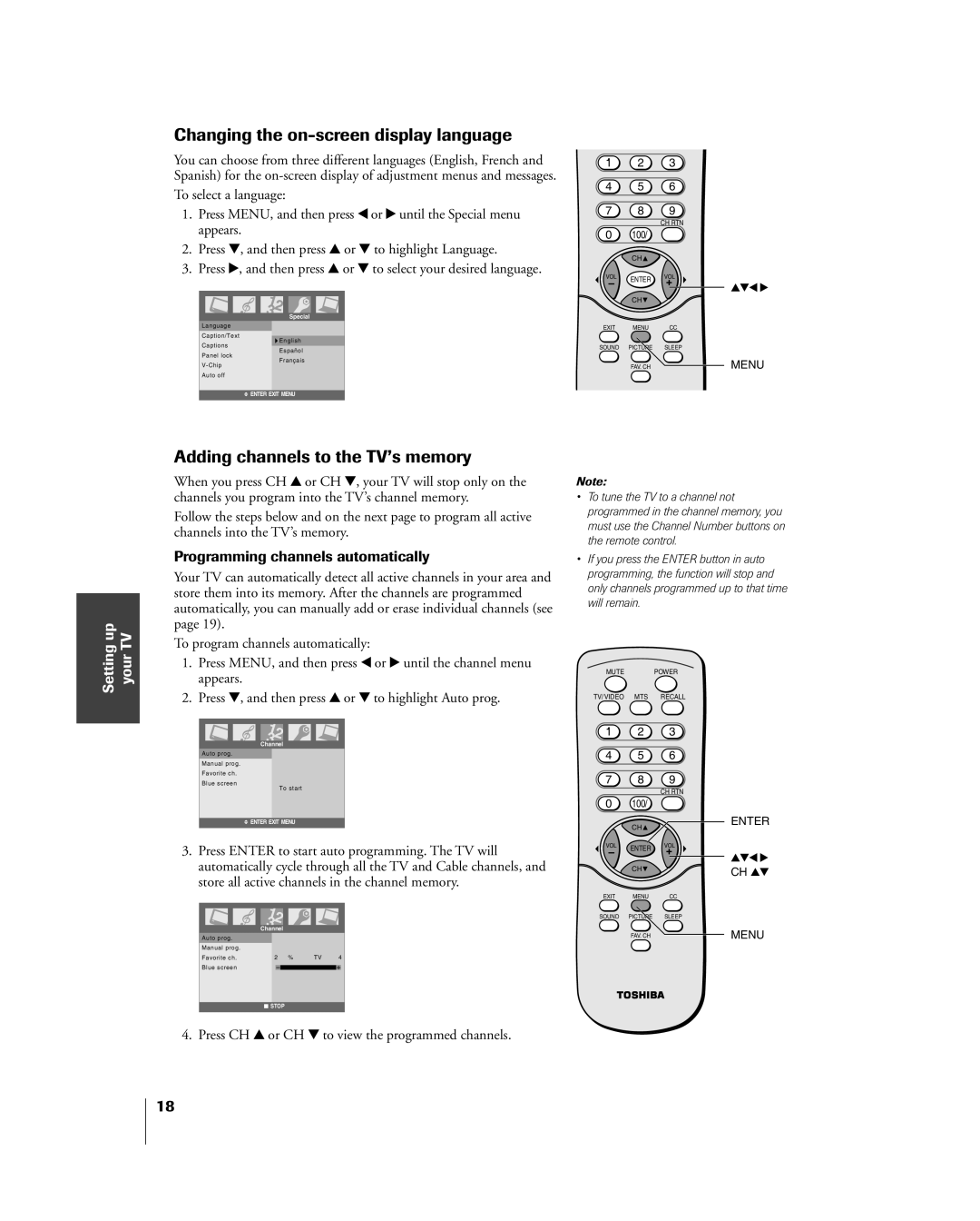 Toshiba 20DL75, 15DL75 Changing the on-screen display language, Adding channels to the TVÕs memory, Setting up your TV 