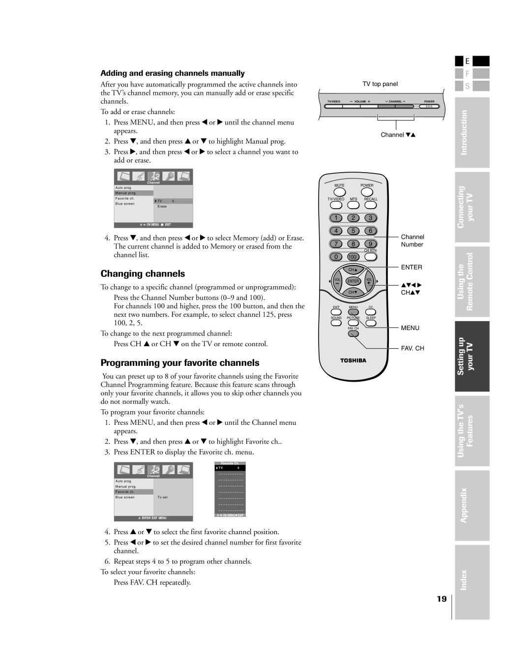 Toshiba 15DL75, 20DL75 Changing channels, Programming your favorite channels, Adding and erasing channels manually 