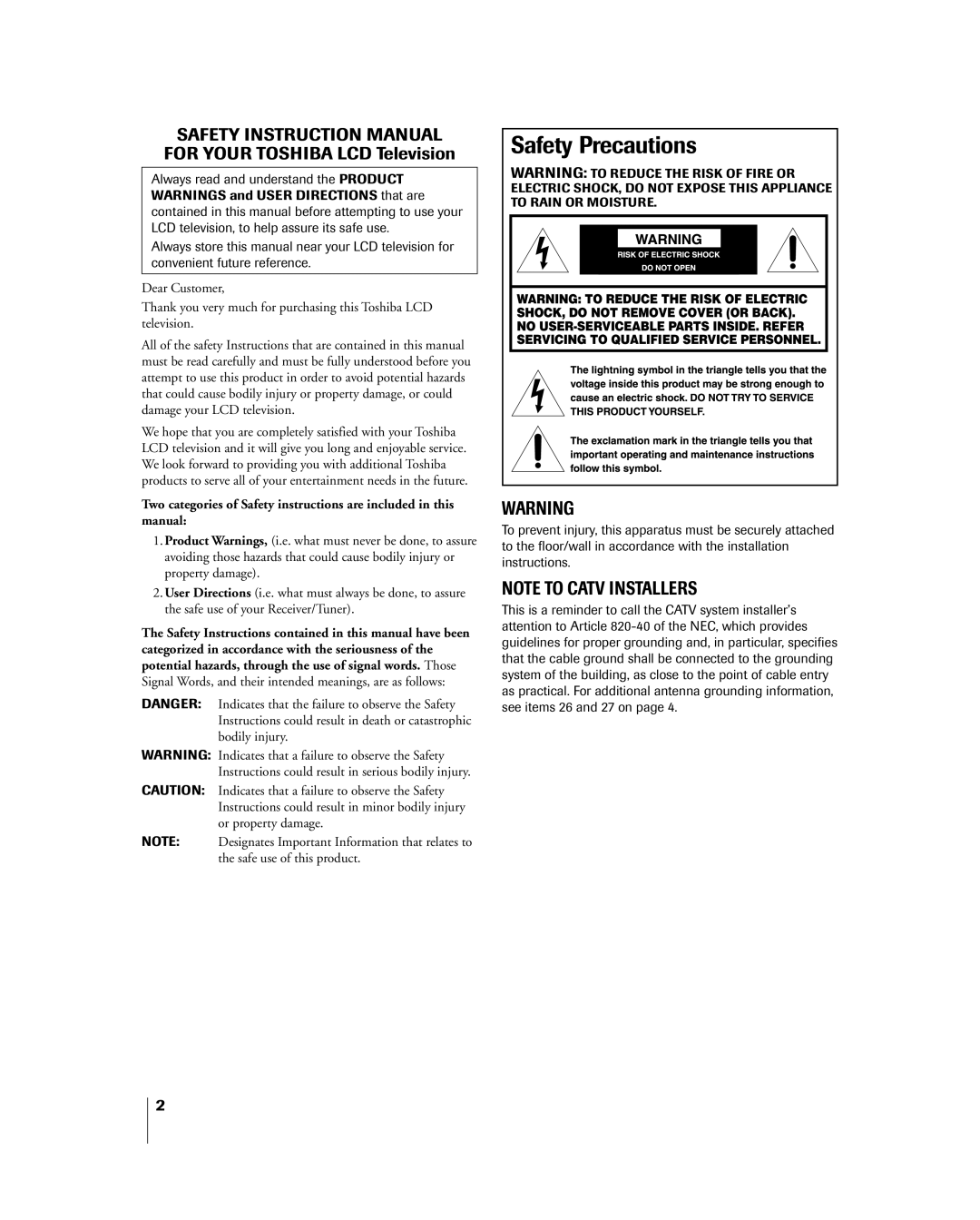 Toshiba 20DL75, 15DL75 owner manual Safety Precautions 