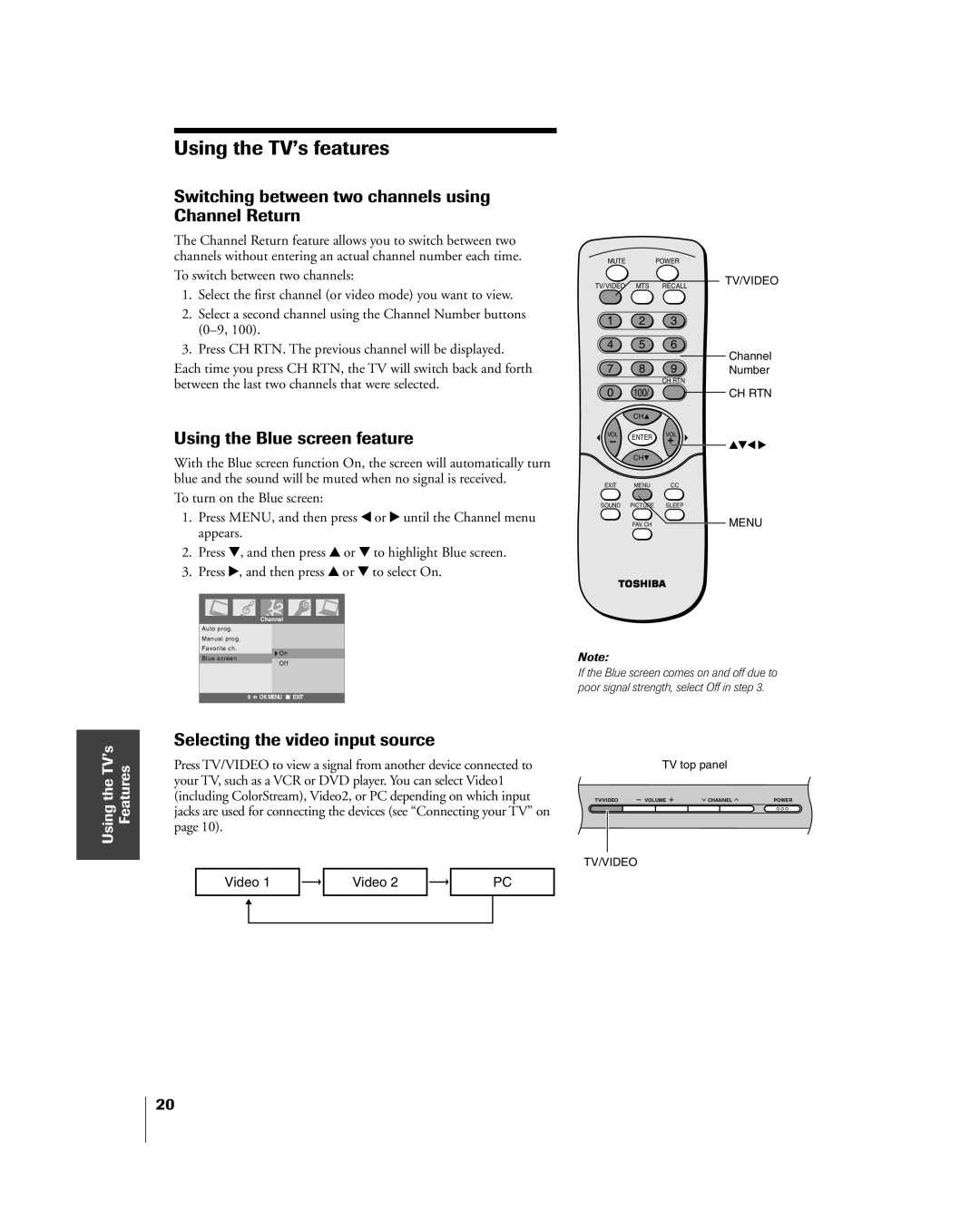 Toshiba 20DL75 Using the TVÕs features, Switching between two channels using Channel Return, Using the Blue screen feature 