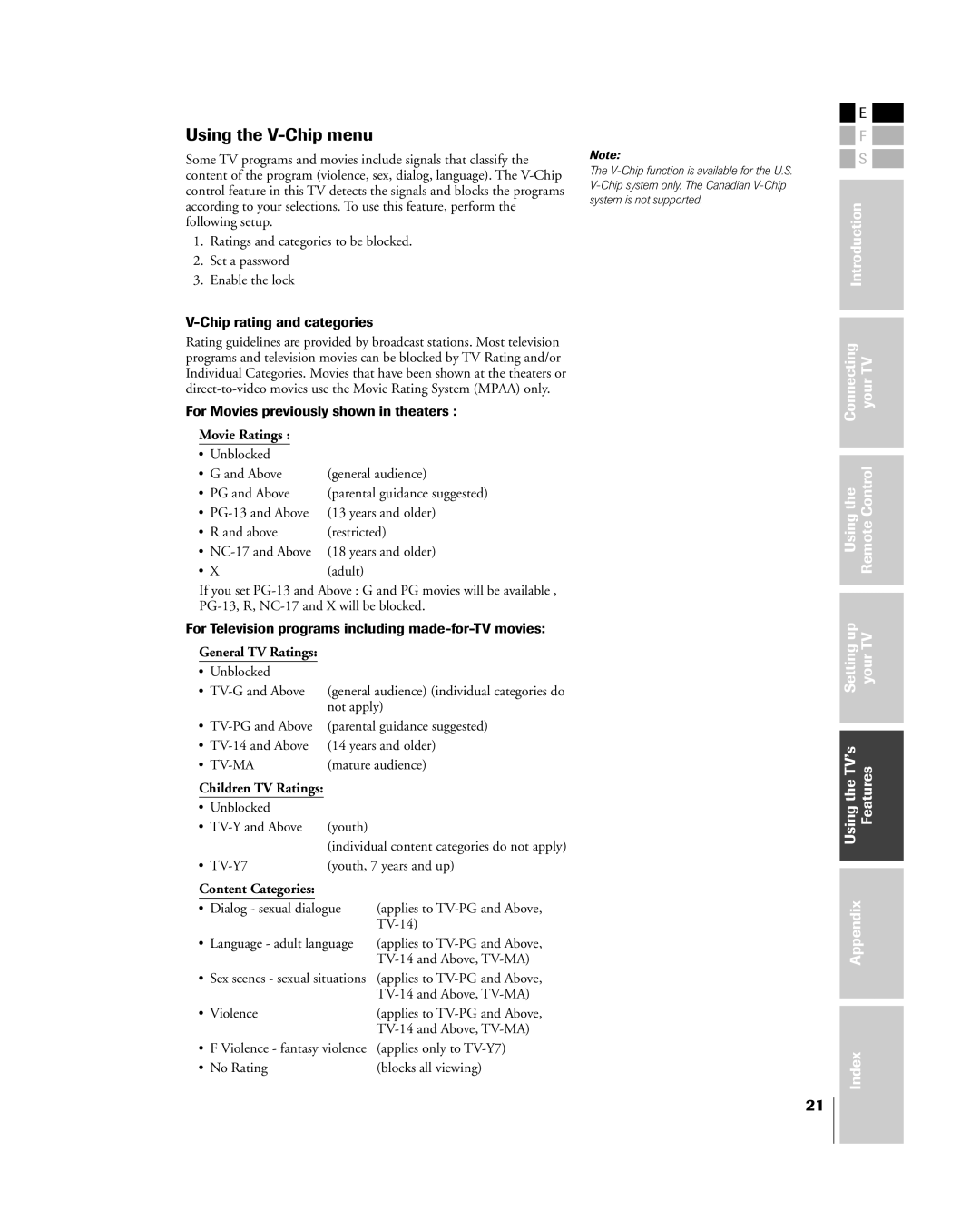 Toshiba 15DL75, 20DL75 owner manual Using the V-Chip menu 