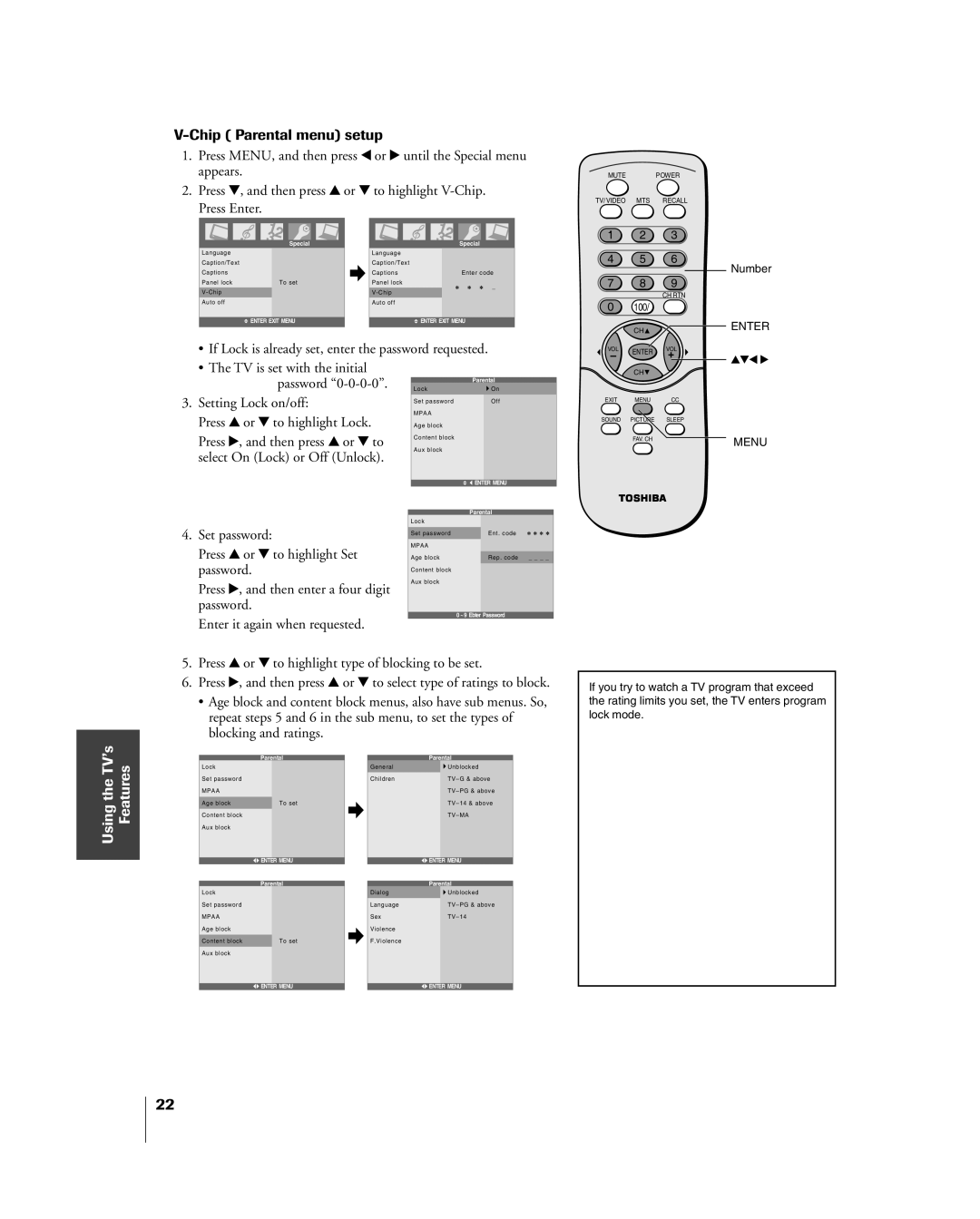 Toshiba 20DL75, 15DL75 owner manual Chip Parental menu setup, If Lock is already set, enter the password requested 