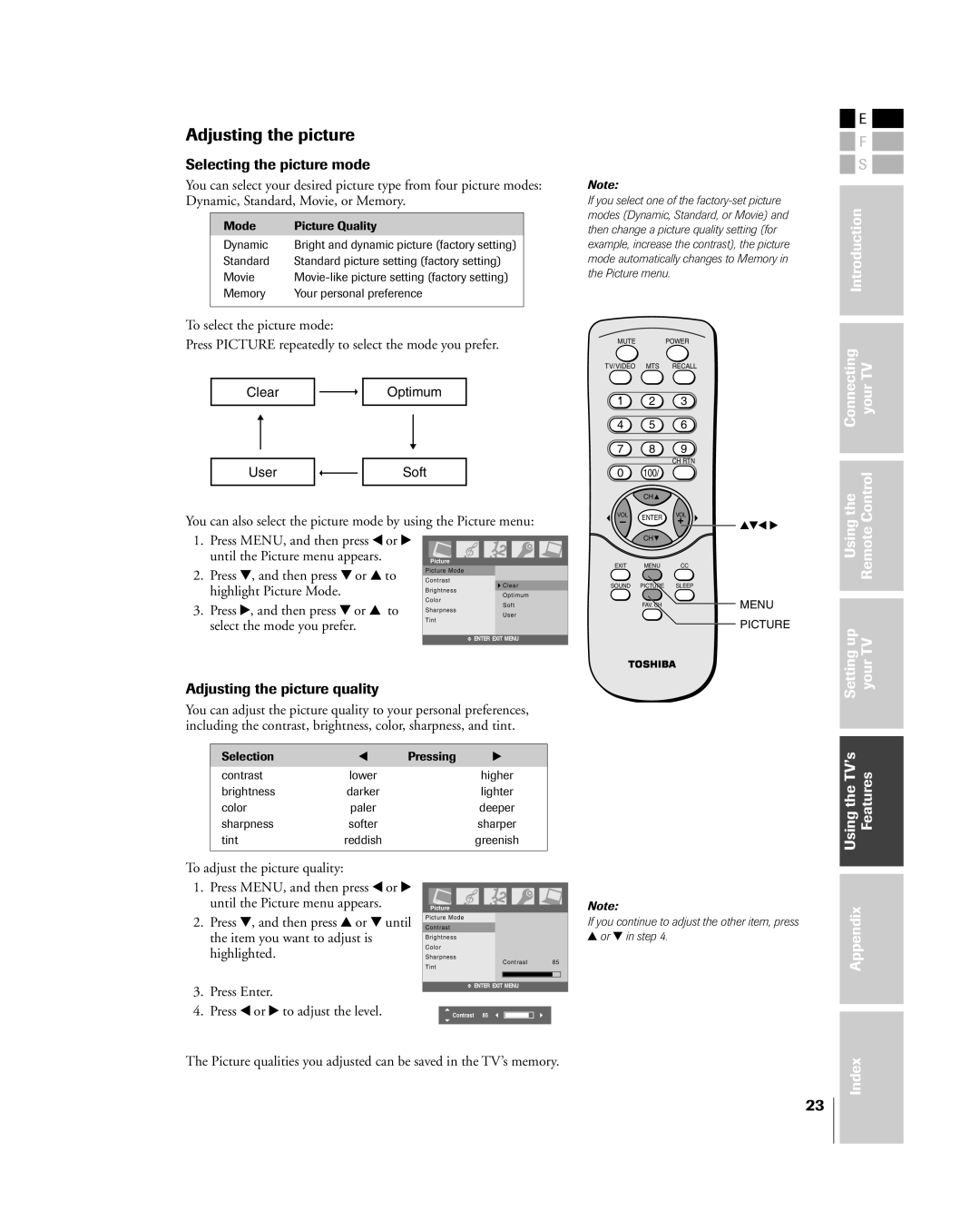 Toshiba 15DL75, 20DL75 owner manual Adjusting the picture, Selecting the picture mode, Using Remote 