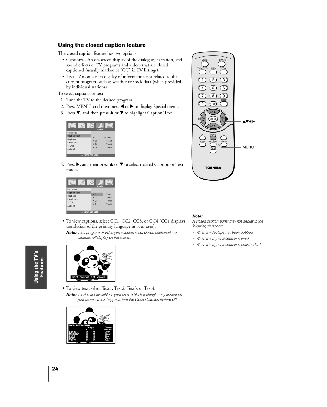 Toshiba 20DL75 Using the closed caption feature, UsingtheTVÕs Features, To view text, select Text1, Text2, Text3, or Text4 