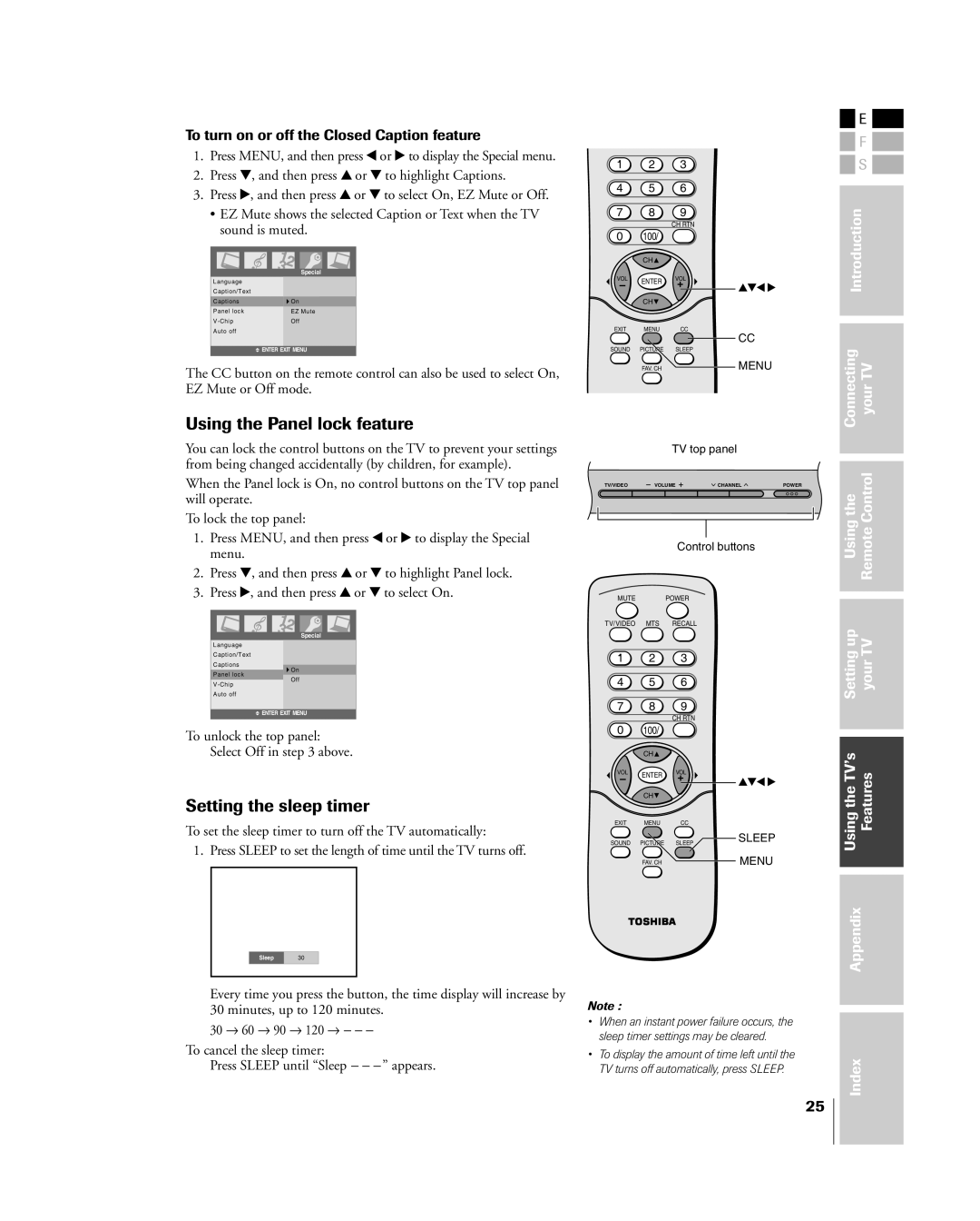 Toshiba 15DL75, 20DL75 Using the Panel lock feature, Setting the sleep timer, To turn on or off the Closed Caption feature 