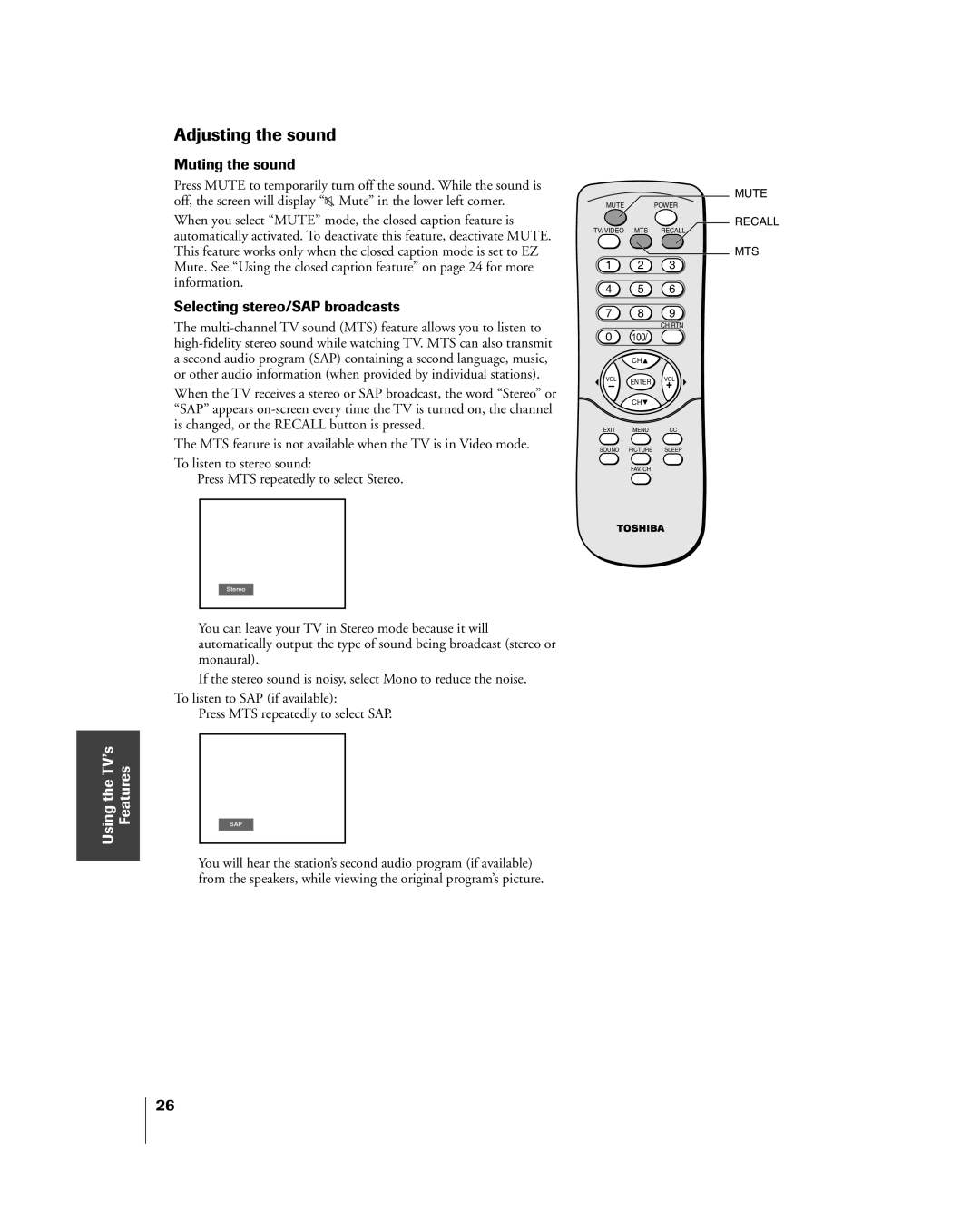 Toshiba 20DL75, 15DL75 owner manual Adjusting the sound, Muting the sound, Selecting stereo/SAP broadcasts 