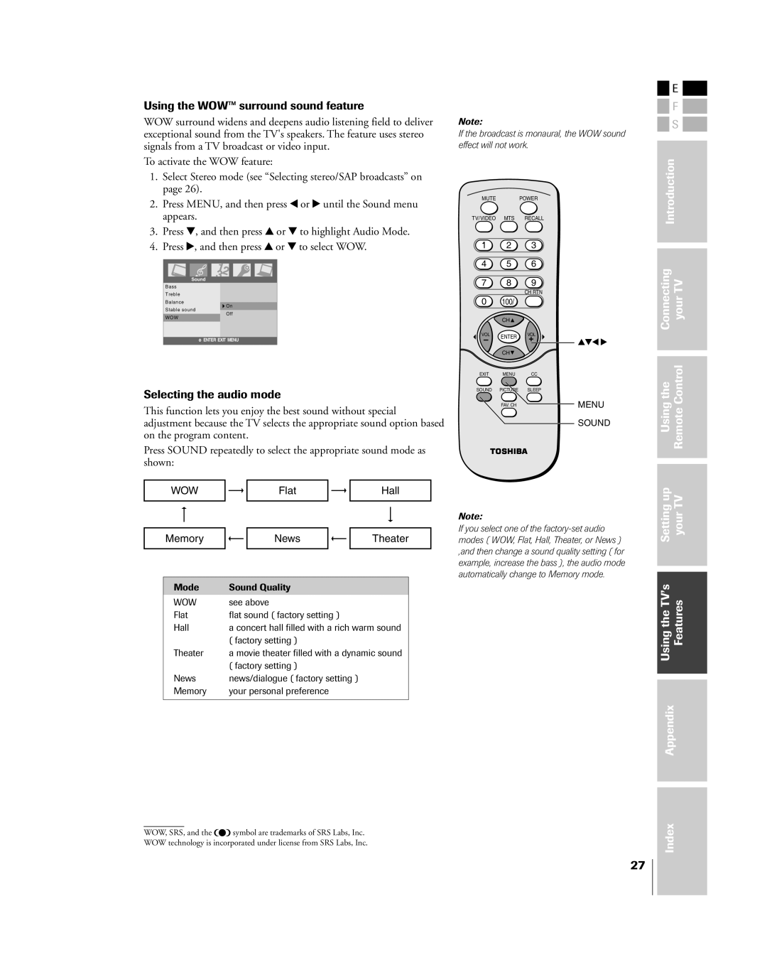 Toshiba 15DL75, 20DL75 owner manual Using the WOWª surround sound feature, Selecting the audio mode 