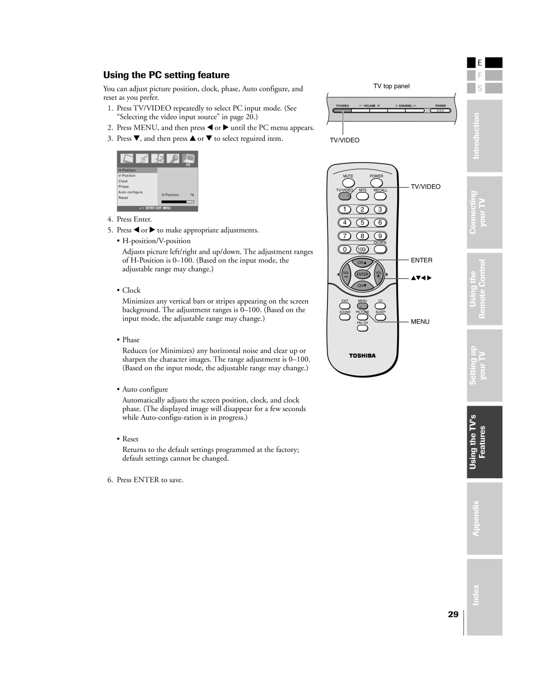 Toshiba 15DL75, 20DL75 owner manual Using the PC setting feature 