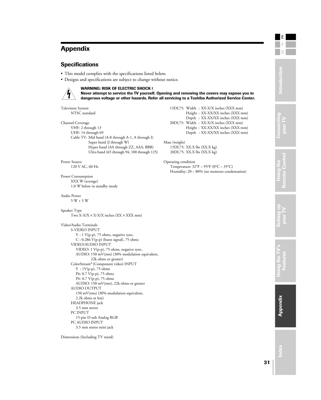 Toshiba 15DL75, 20DL75 owner manual Appendix, Specifications 