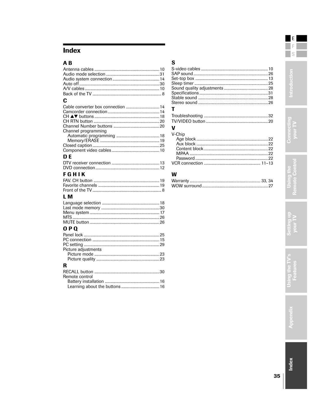 Toshiba 15DL75, 20DL75 owner manual Index, Channel programming 