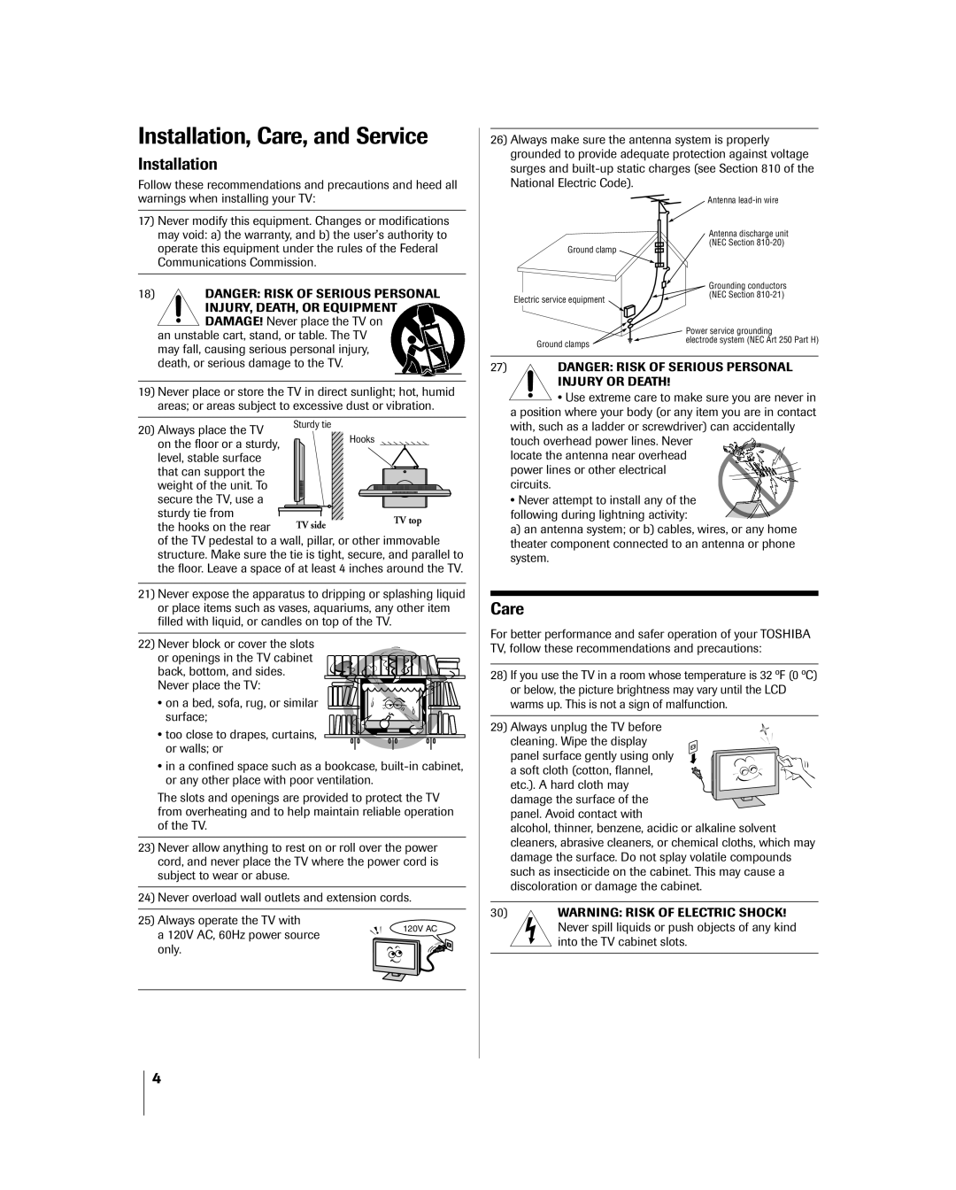 Toshiba 20DL75, 15DL75 owner manual Installation, Care 