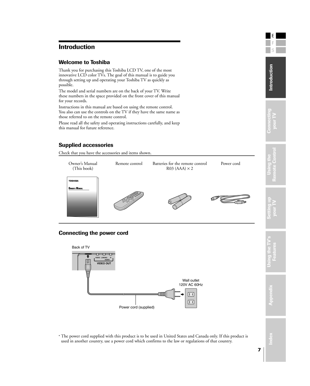 Toshiba 15DL75, 20DL75 owner manual Introduction, Welcome to Toshiba, Supplied accessories, Connecting the power cord 