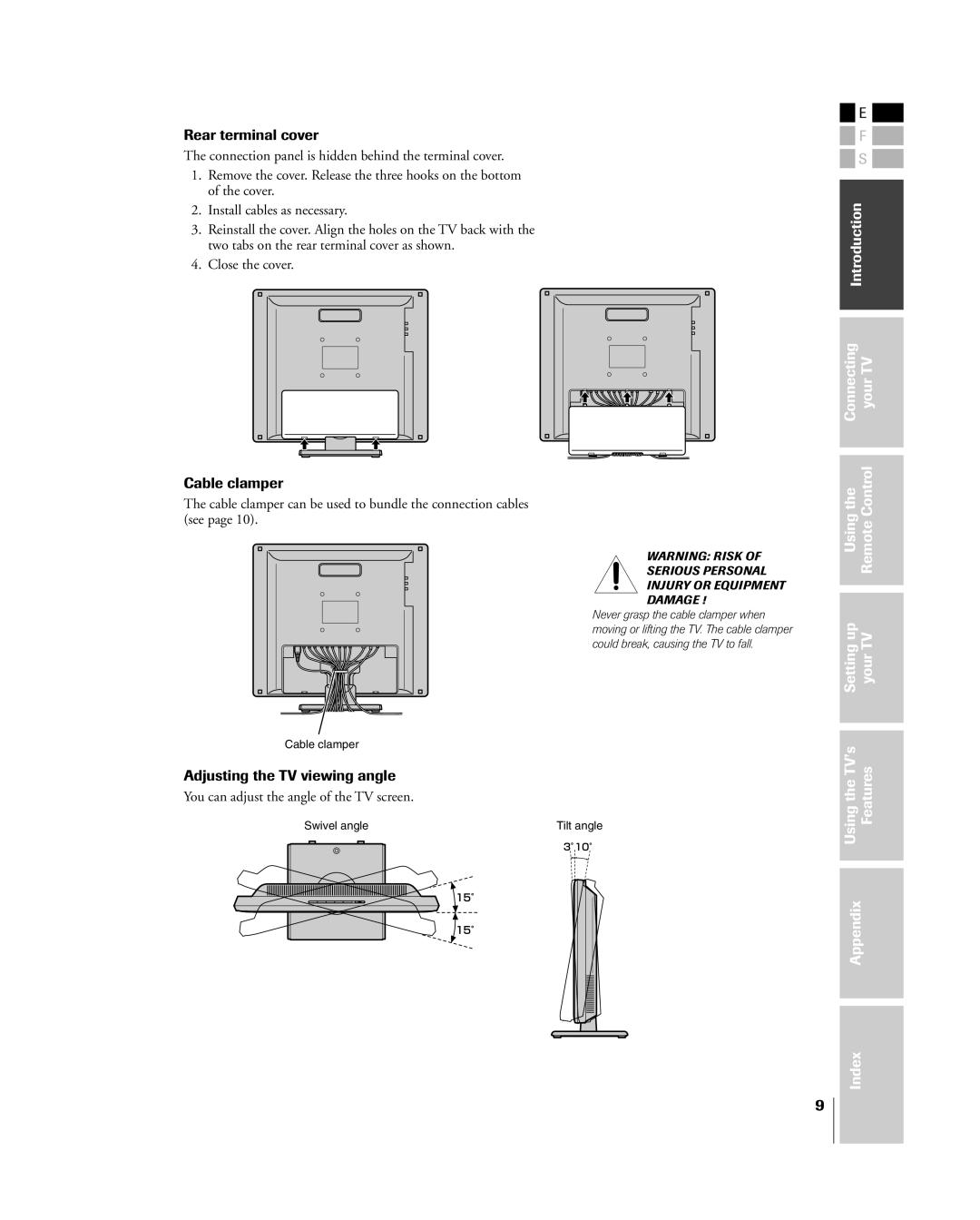 Toshiba 15DL75, 20DL75 owner manual Rear terminal cover, Cable clamper, Adjusting the TV viewing angle 