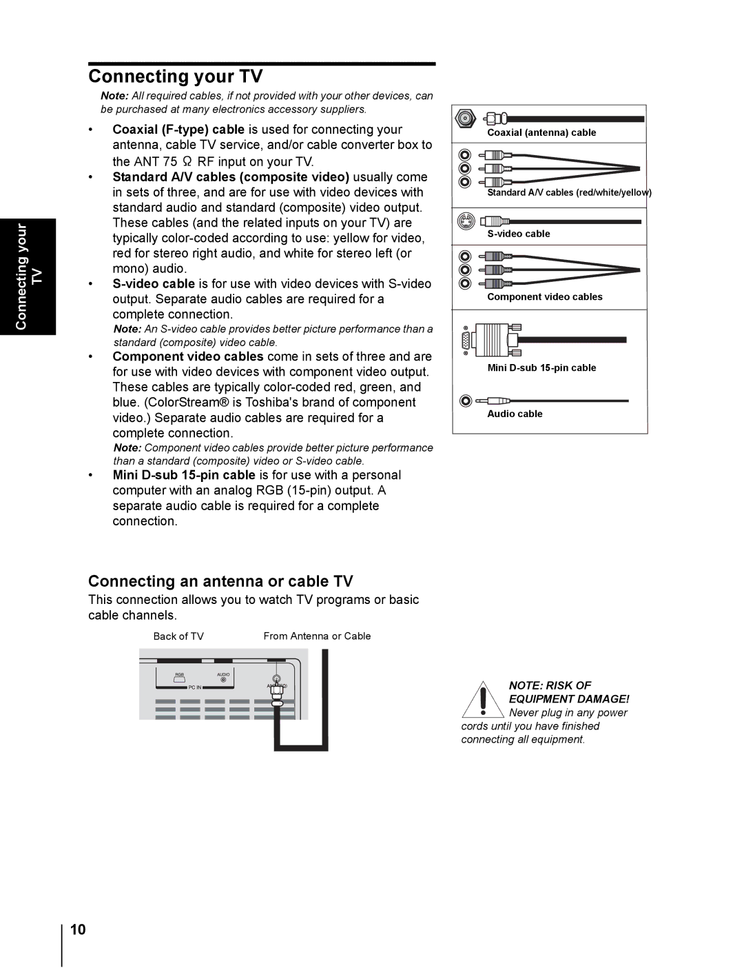 Toshiba 20DL76 owner manual Connecting your TV, Connecting an antenna or cable TV 