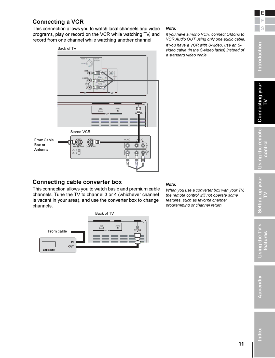 Toshiba 20DL76 owner manual Connecting a VCR, Connecting cable converter box 