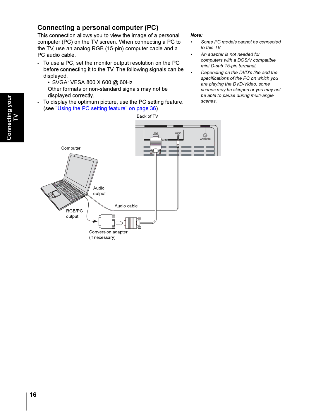 Toshiba 20DL76 owner manual Connecting a personal computer PC 