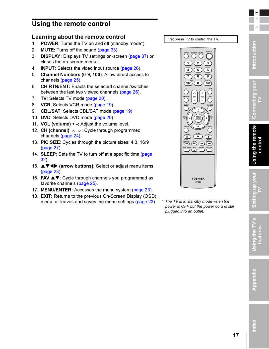 Toshiba 20DL76 owner manual Using the remote control, Learning about the remote control 