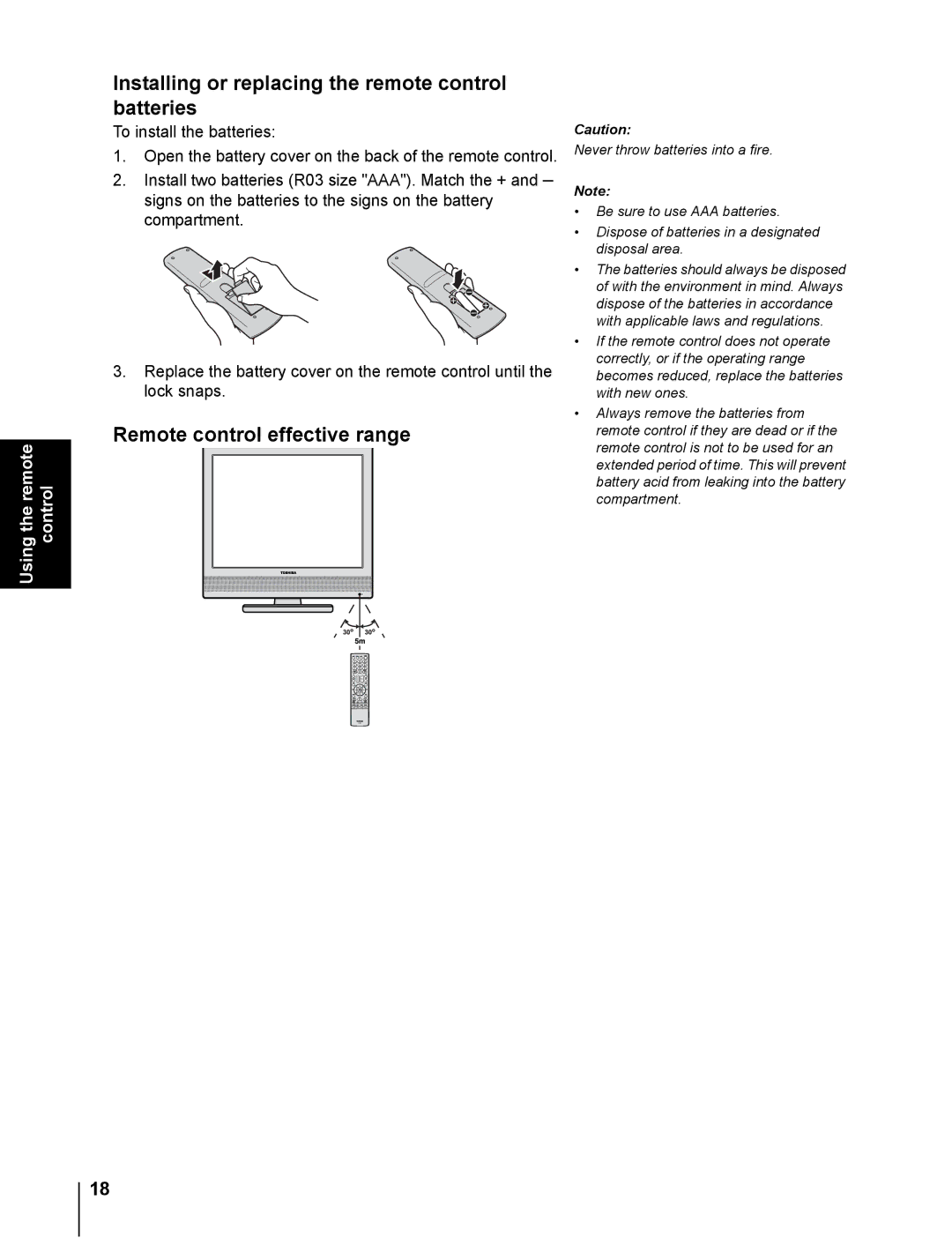 Toshiba 20DL76 owner manual Installing or replacing the remote control batteries, Remote control effective range 