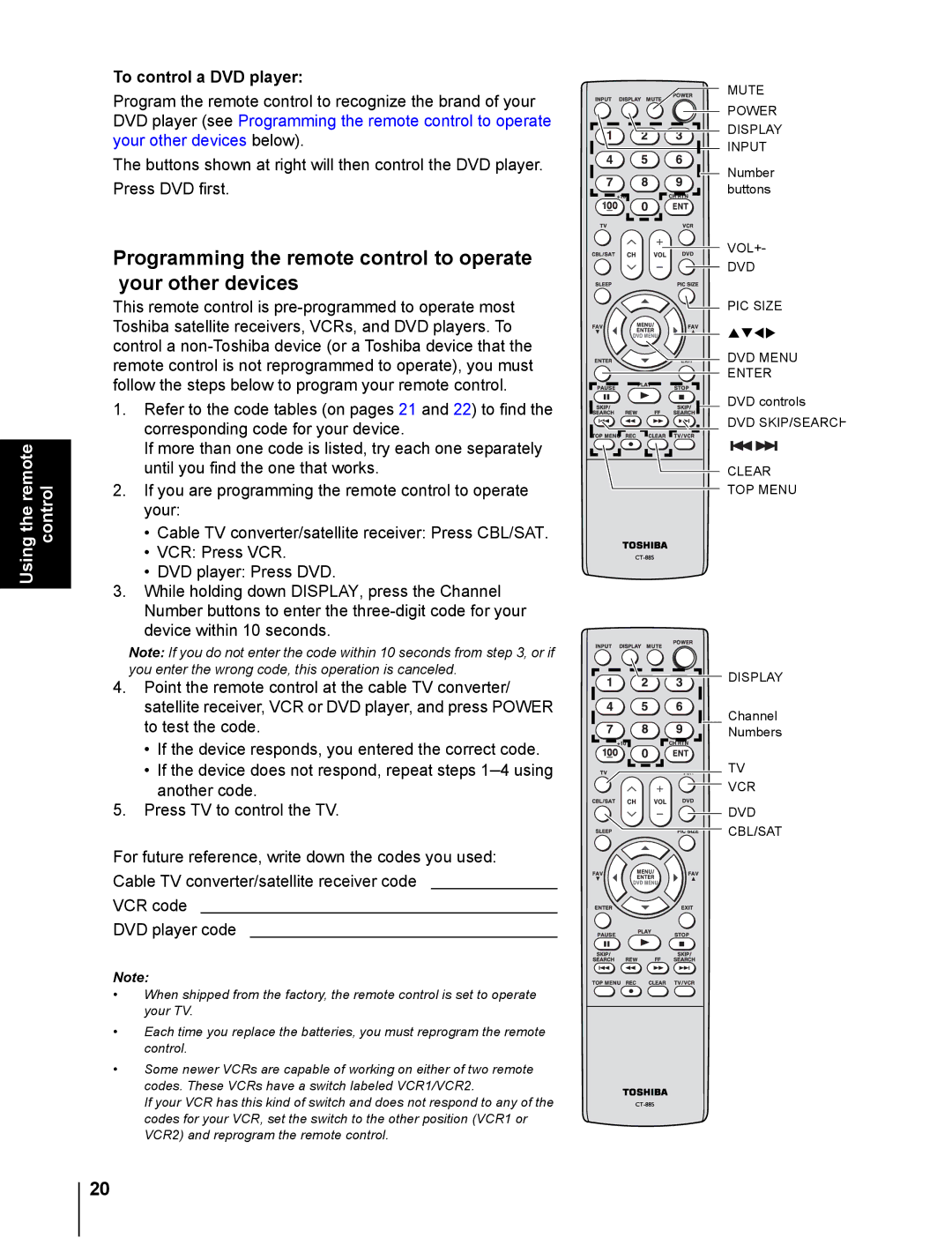 Toshiba 20DL76 owner manual Programming the remote control to operate your other devices, To control a DVD player 