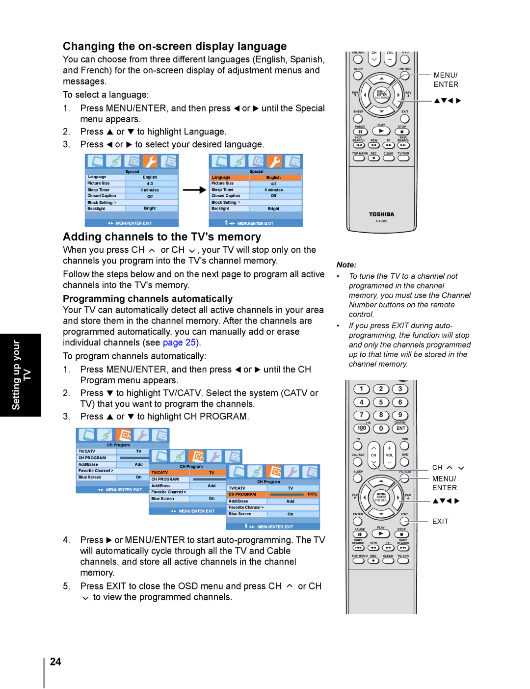 Toshiba 20DL76 owner manual Changing the on-screen display language, Adding channels to the TVs memory 