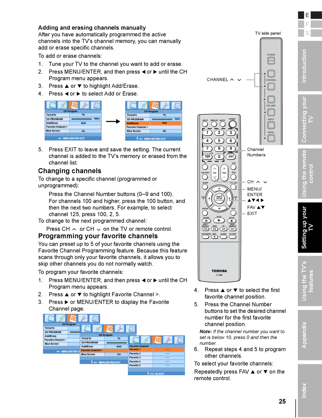 Toshiba 20DL76 owner manual Changing channels, Programming your favorite channels, Adding and erasing channels manually 