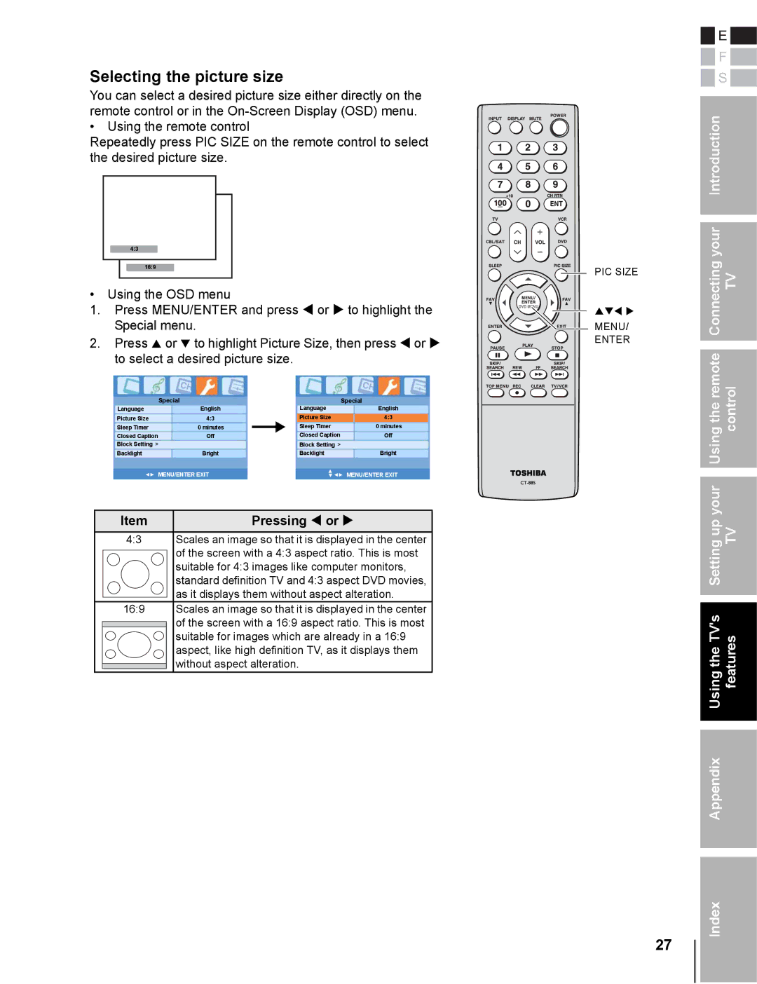 Toshiba 20DL76 owner manual Selecting the picture size, Pressing W or 