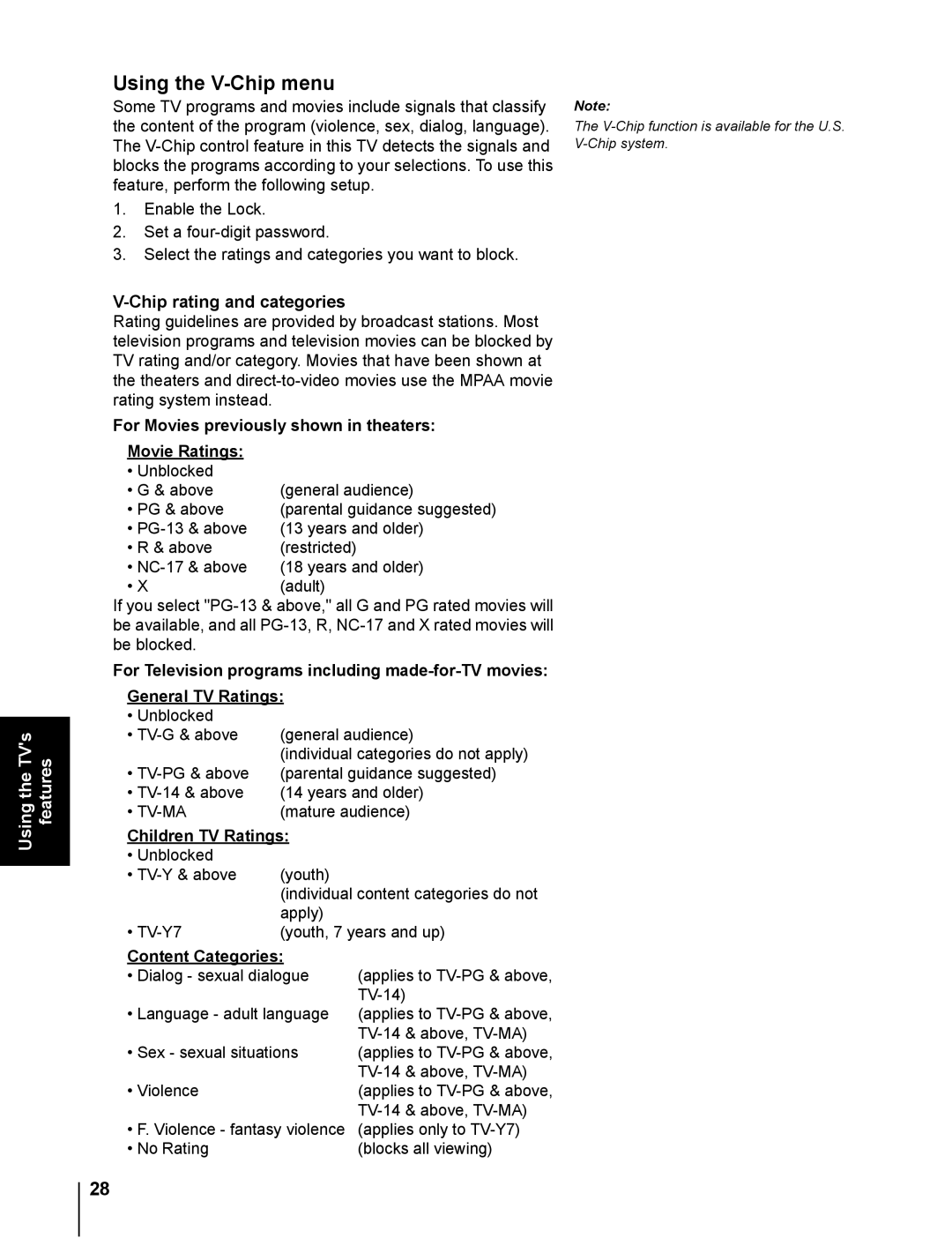 Toshiba 20DL76 Using the V-Chip menu, Chip rating and categories, For Movies previously shown in theaters Movie Ratings 