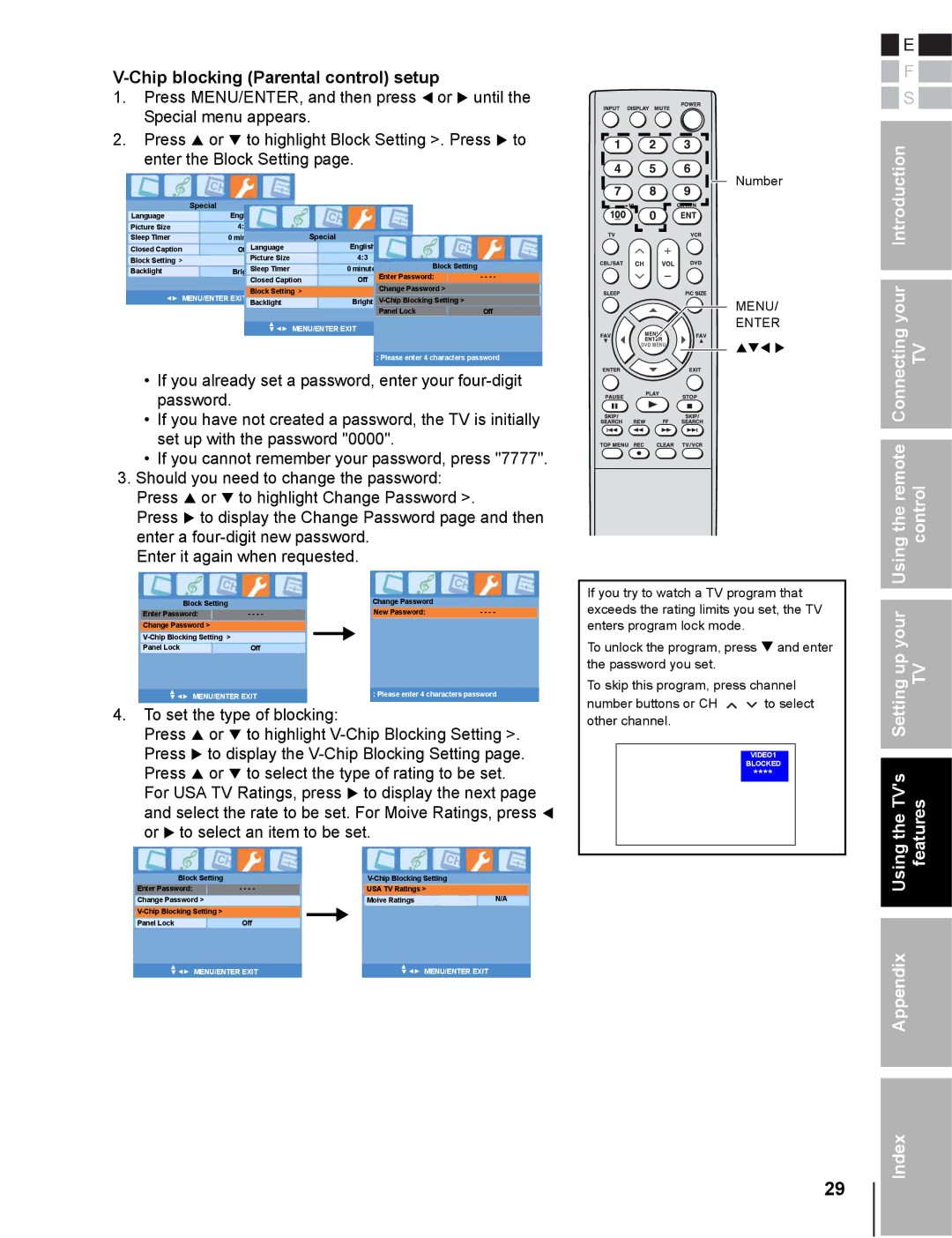 Toshiba 20DL76 owner manual Chip blocking Parental control setup, To set the type of blocking 