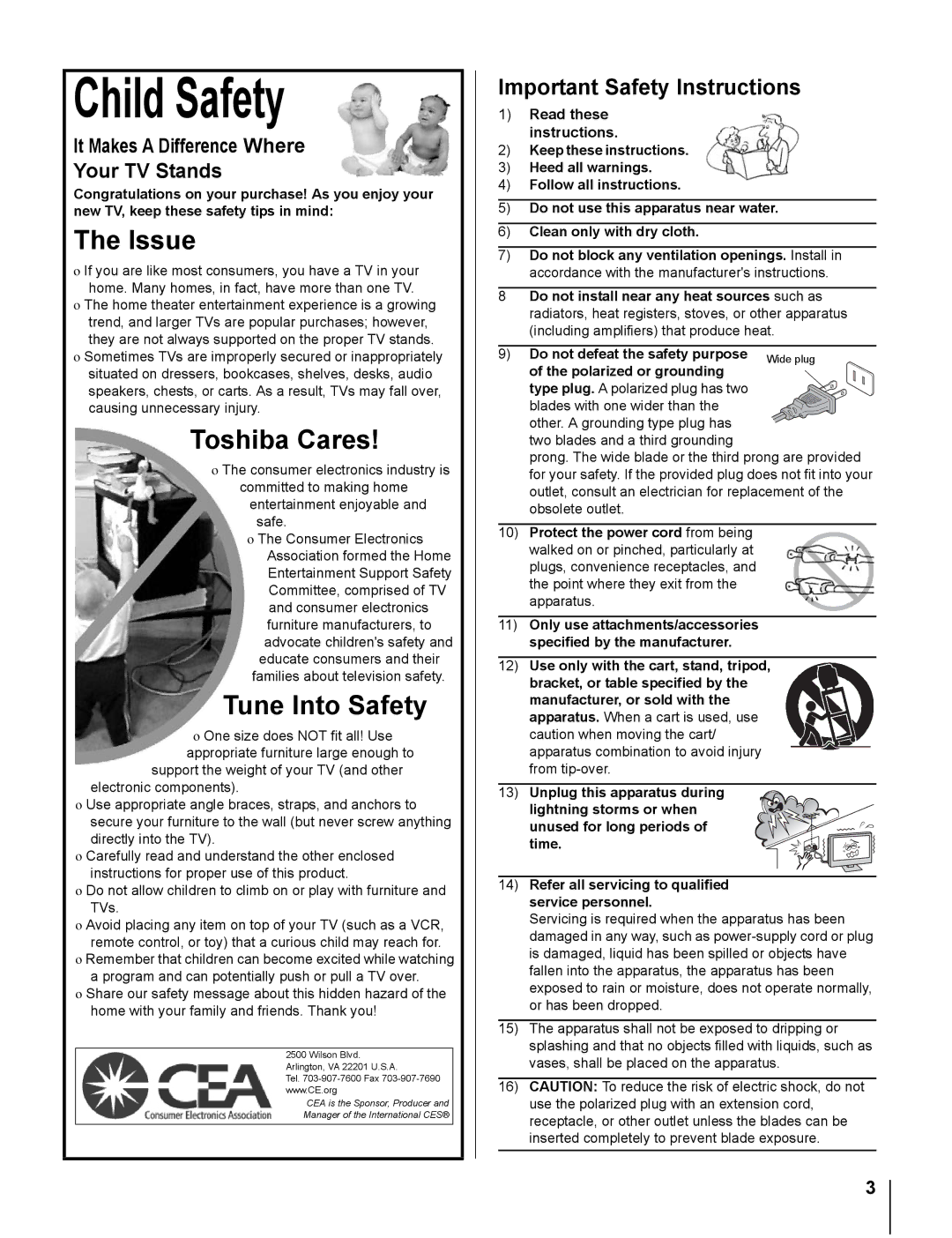 Toshiba 20DL76 owner manual Child Safety, It Makes a Difference Where Your TV Stands 